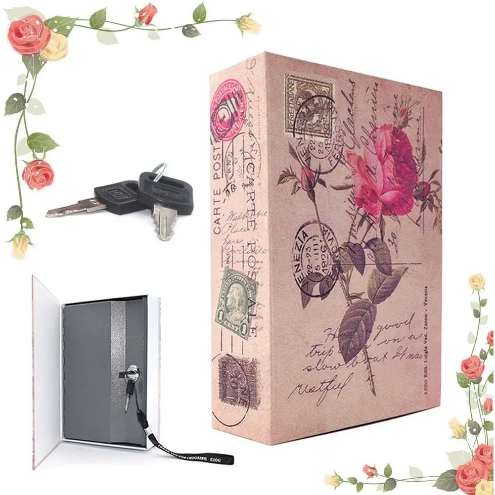 9.6" x 6.2" x 2.2" Beatiful Rose Inches Book Safe with Key Lock, Metal,safe for