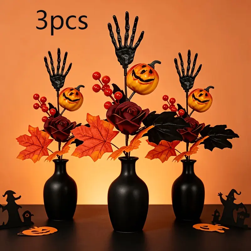 Large Halloween Pumpkin Skull Hand Bouquet, Autumn Maple Leaf Decorative Artificial Flowers, Festive Holiday Decoration Set