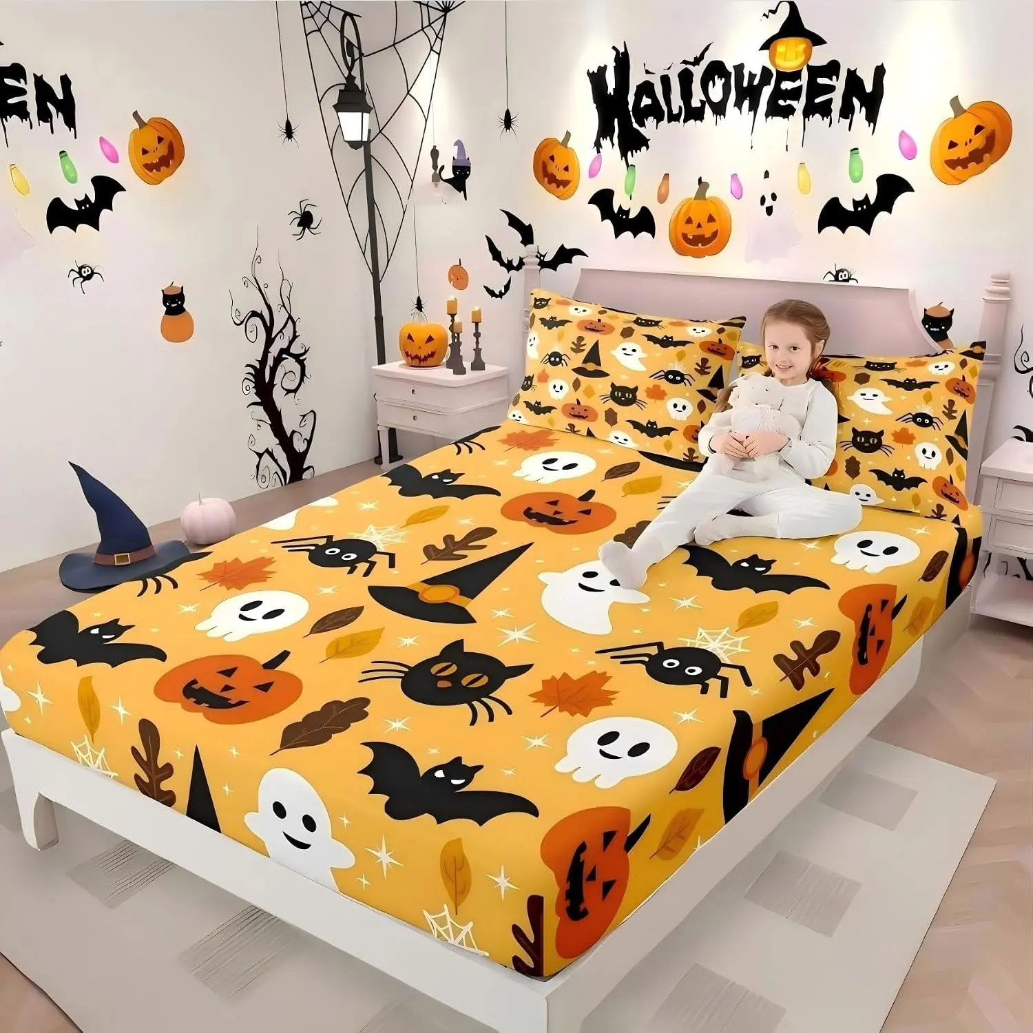 Halloween Bed Sheet Set for Kids, Cartoon Pumpkin Design, 3-Piece Bedroom Decor, Single & Twin Size, Ghost Theme, Bedsheet Sets