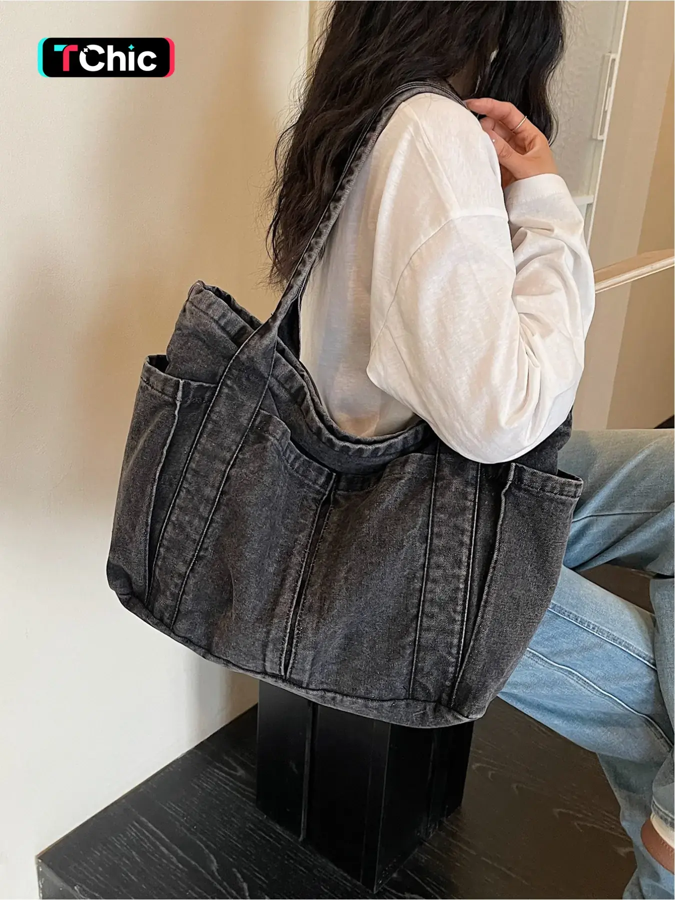 Vintage washed denim fabric, large capacity vintage tote bag, casual versatile shoulder bag, stylish multi pocket handbag, daily shopping and commuting bag, Casual Trendy Bag, Casual Everyday Bag, Daily Commuter Bag