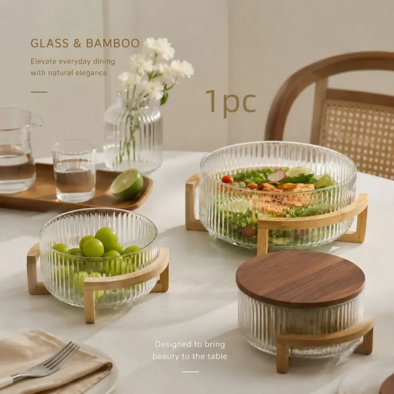 High-End Transparent Glass Serving Salad Bowl with Wooden Base, Durable Quality Glass and Rustic Style Stand, Perfect for Parties, Dishwasher Safe, Ideal for Kitchen Dining
