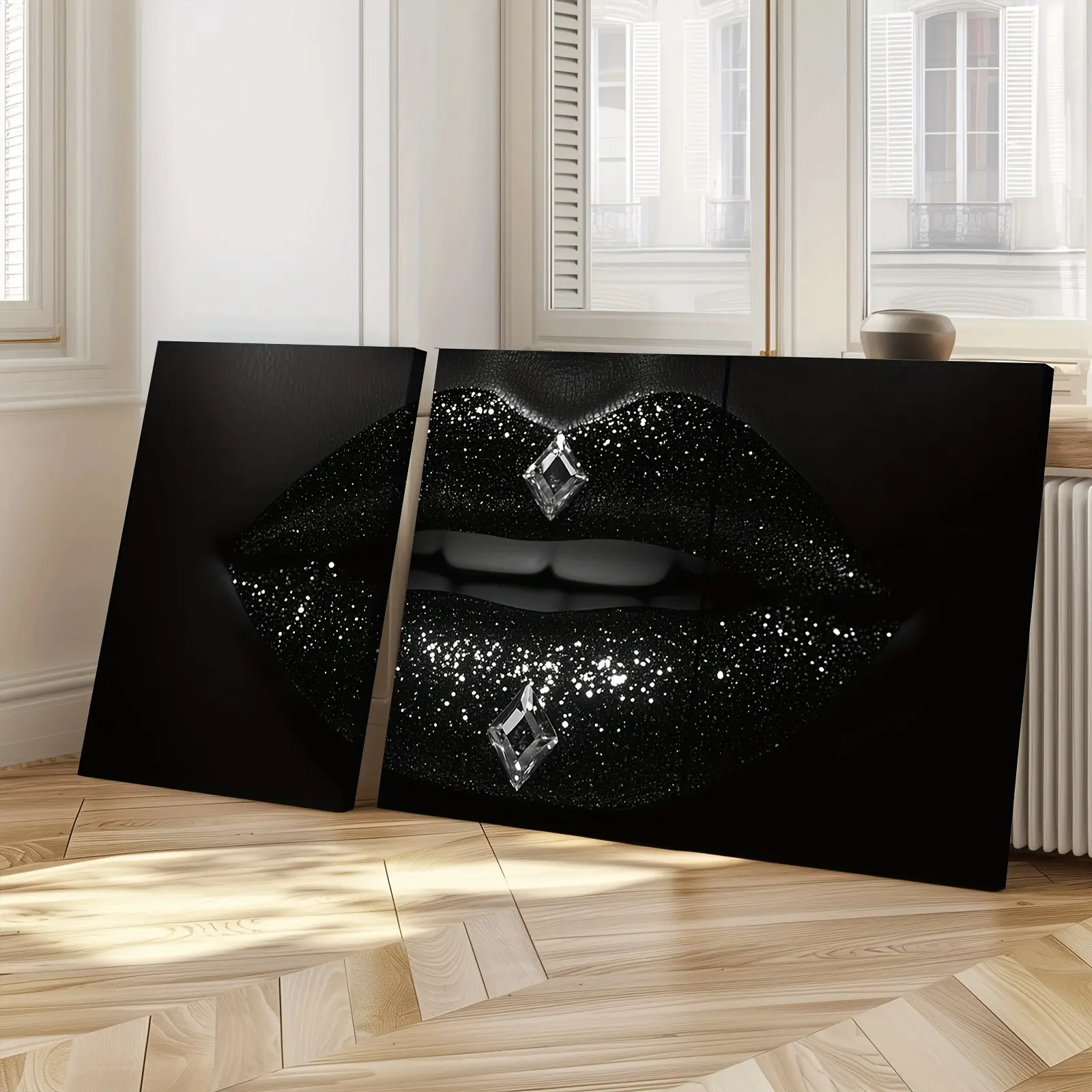Artistic 3-Piece Black Glitter Print Framed Canvas Wall Art - Houndstooth, Marble Accents, Plaid - Luxury Home Decor for Bedroom, Living Room - Gift for Valentine's Day, Thanksgiving, Easter, Father's Day