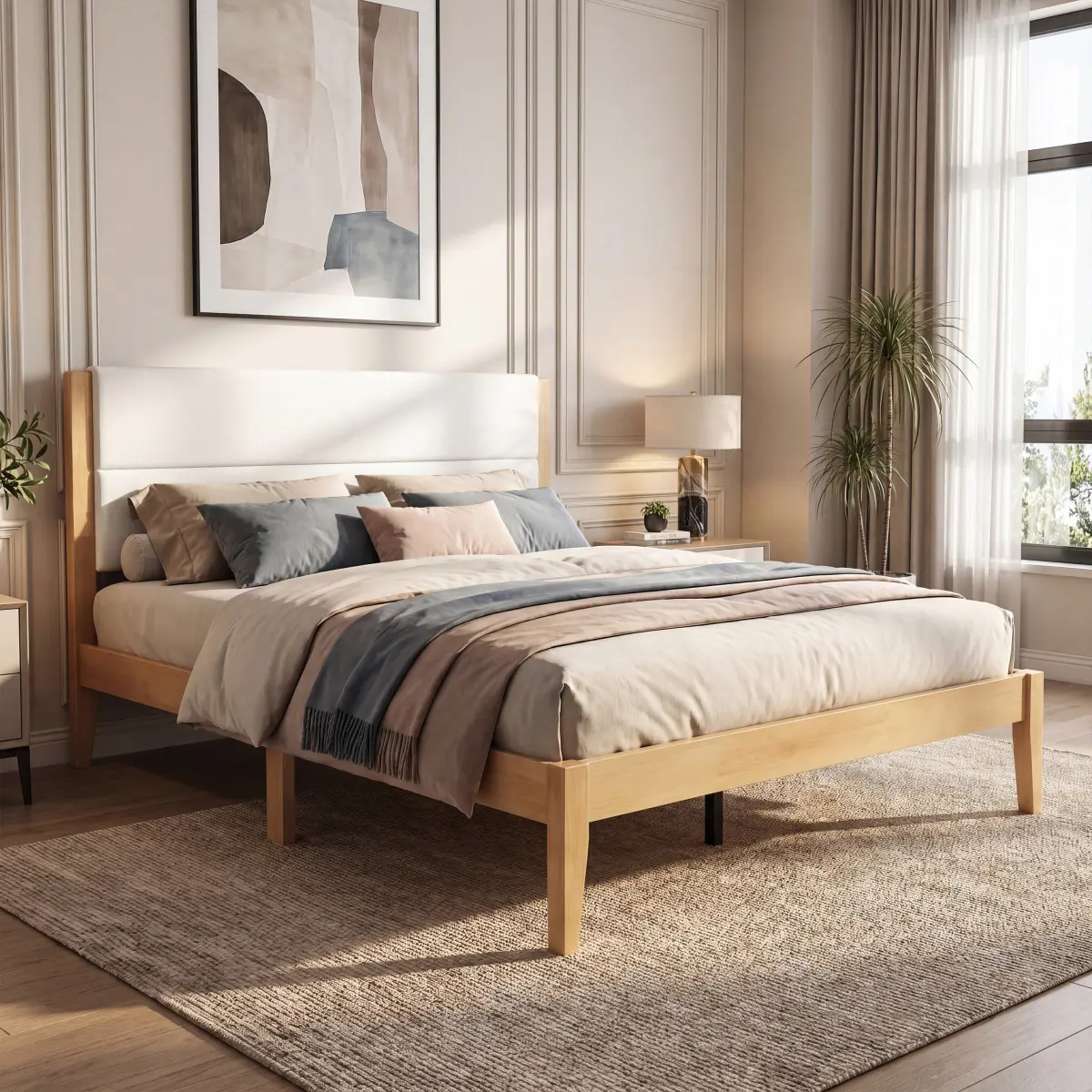 King Size Elegant Mid-Century Design Upholstered Headboard Platform Bed Frame - 700 lbs Capacity, Solid Wood Slat Support, No Box Spring Needed, 84"l x 79"w x 48.5"h, Horizontal Tufts, Wipe Clean, Assembly Required, Natural Finish