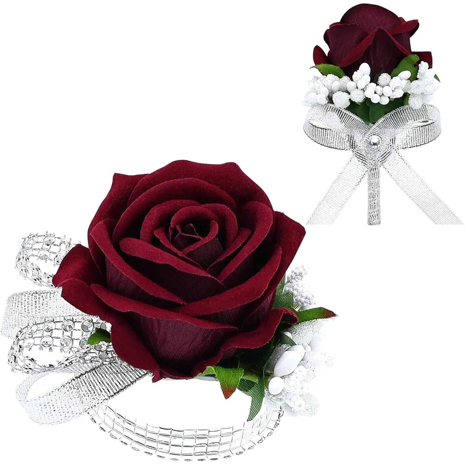 Romantic Corsage and Boutonniere Set, 2-Piece Burgundy Silk Rose with Glitter Rhinestone Wristlet for Wedding, Prom, Ceremony, 2.7" W X 4.7" H, Formal, 2Pcs, Add A Touch Of Romance And Warmth