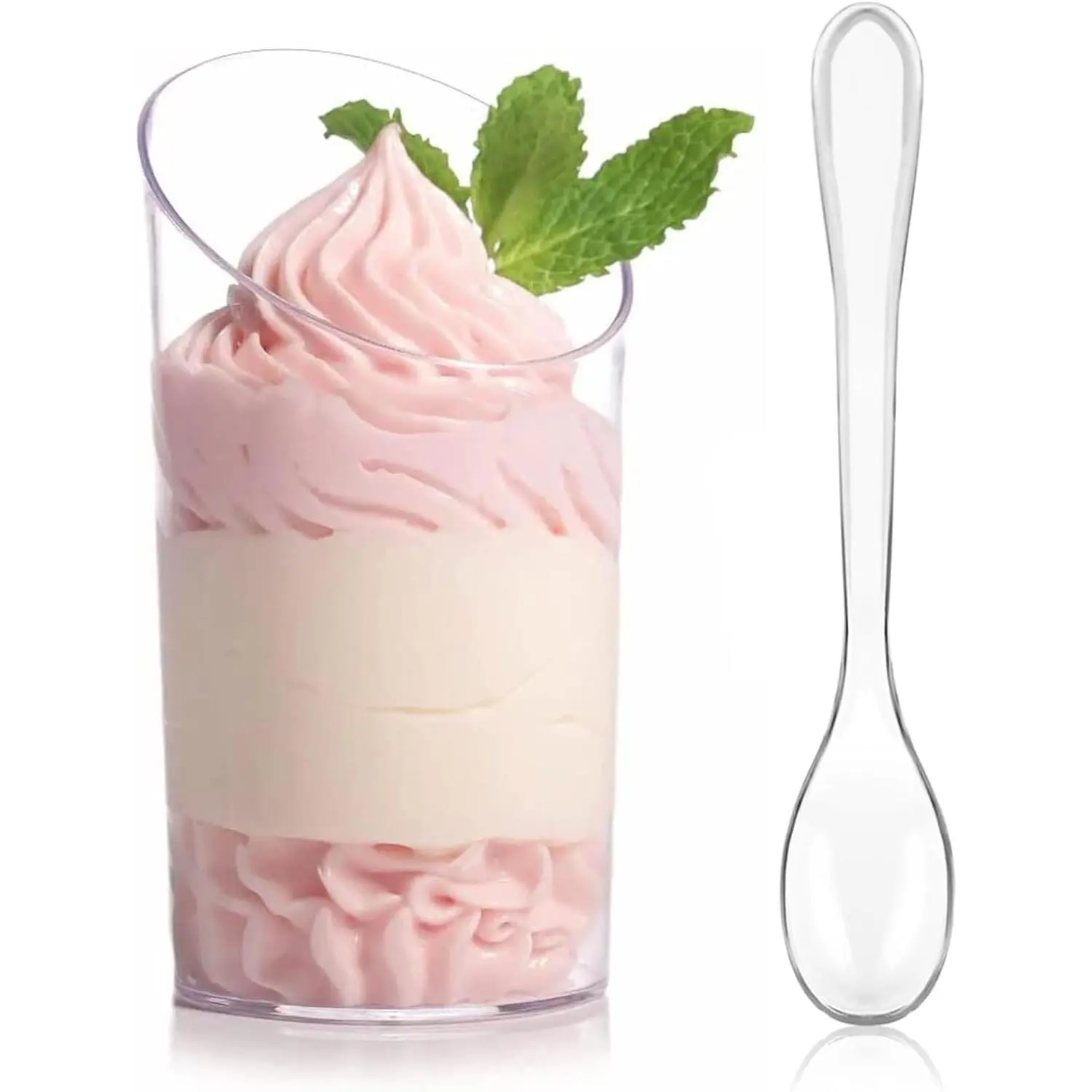 50 count 2.2 oz Mini Dessert Cups with Spoons, Serves 25 | Small Plastic Dessert Shooter Cups, Parfait Shot Glasses, Slanted  Cups for Cheesecake, Mousse, Pudding, Jello, Triffle
