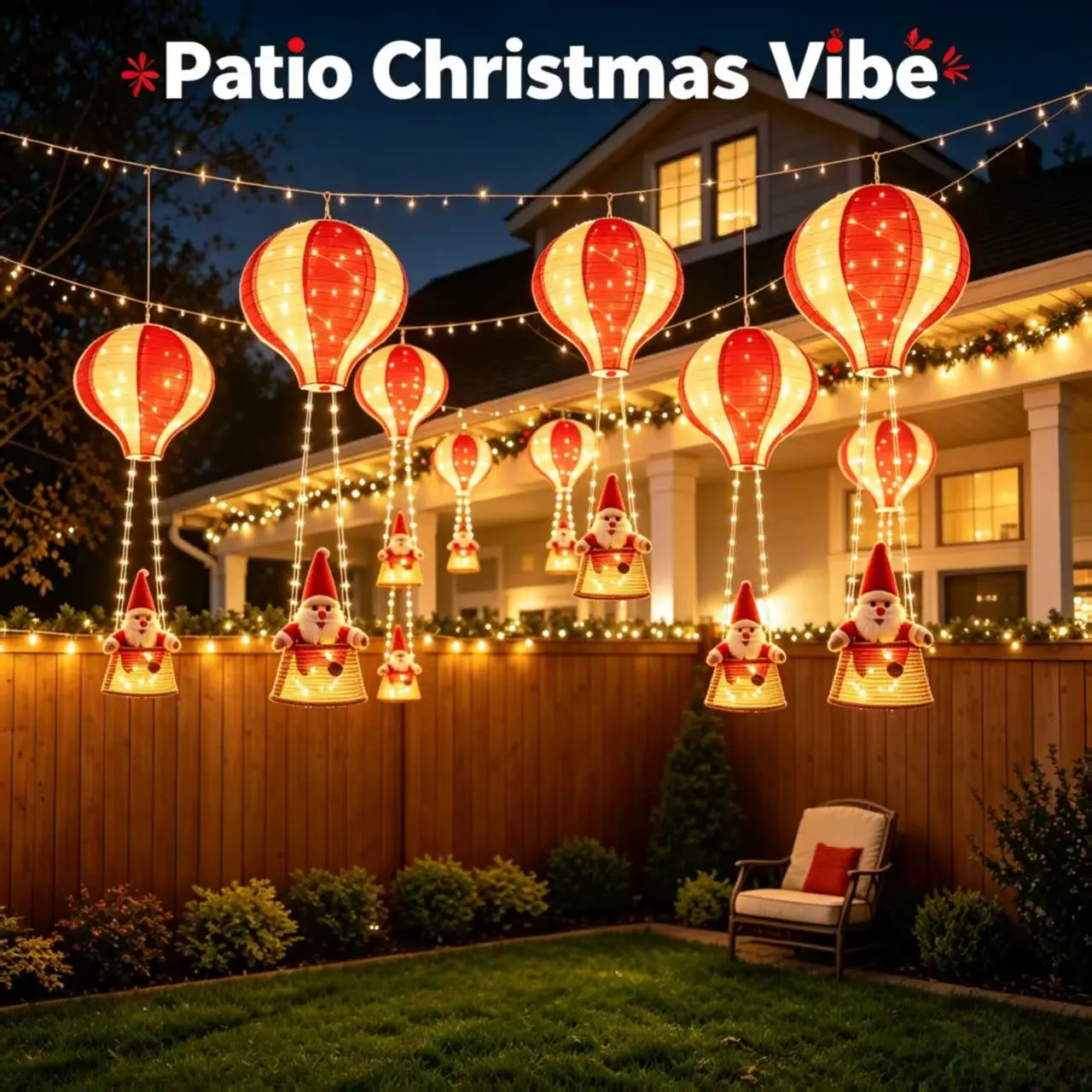 Christmas Striped Hot Air Balloon Paper Lantern, Santa Claus Hanging Light, Outdoor Lane Courtyard Porch Basket Doll, LED String Festival Decorations
