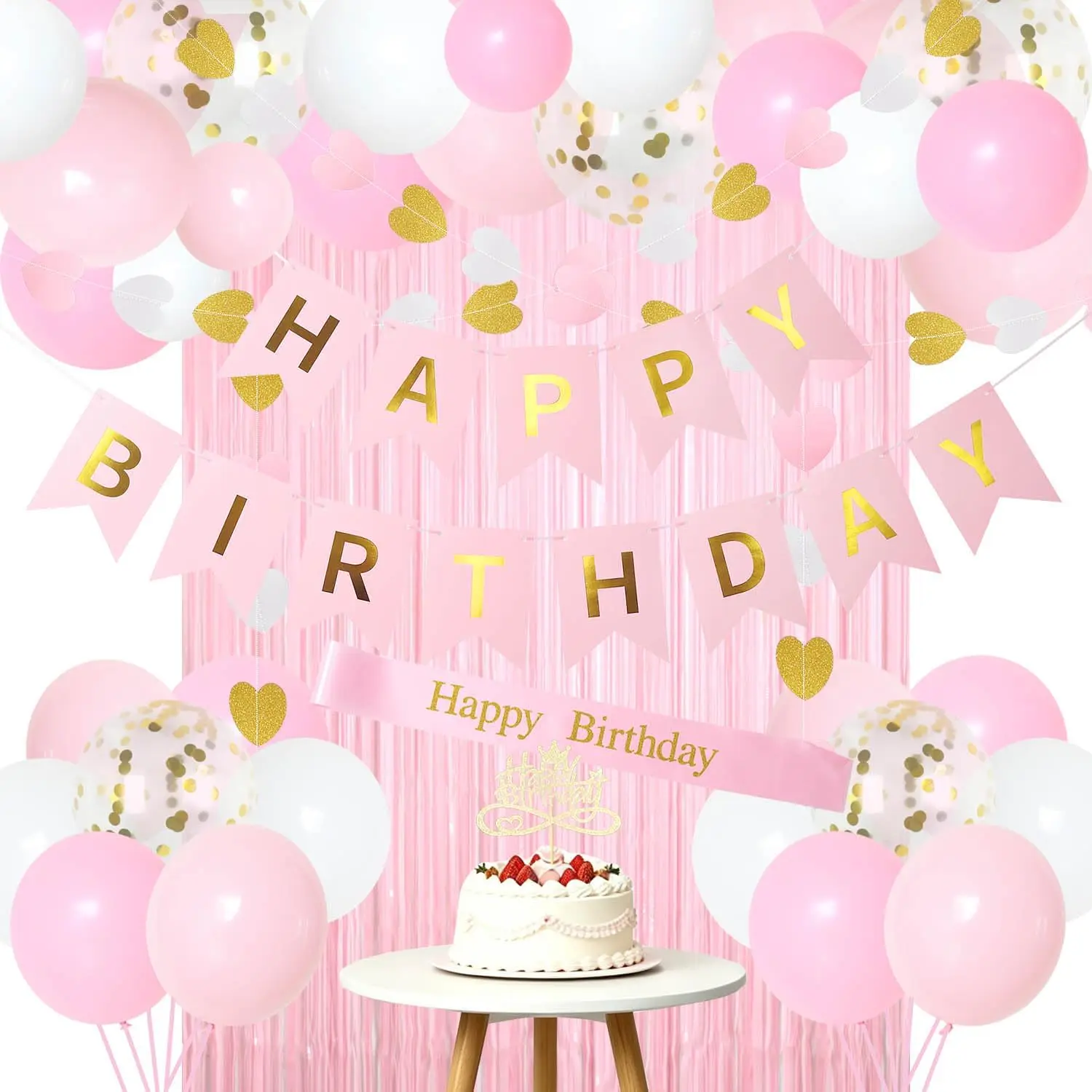 Happy Birthday Party Decorations for Girls Princess  Women Happy Birthday Banner Balloons Garland Fringe Curtain Backdrop Sash Cake Topper Set for Decor