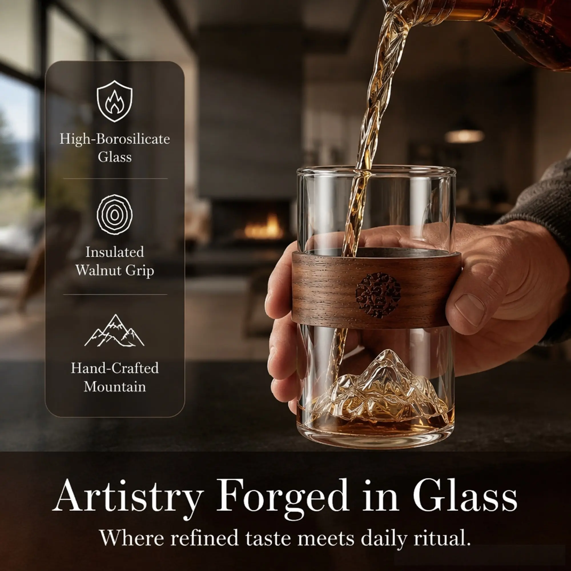 2/4 Pack 3D Mountain Borosilicate Glass Cups, Walnut Insulated Grip, Heat Resistant, Multipurpose Tumblers for Tea, Whiskey, Coffee, Home Bar