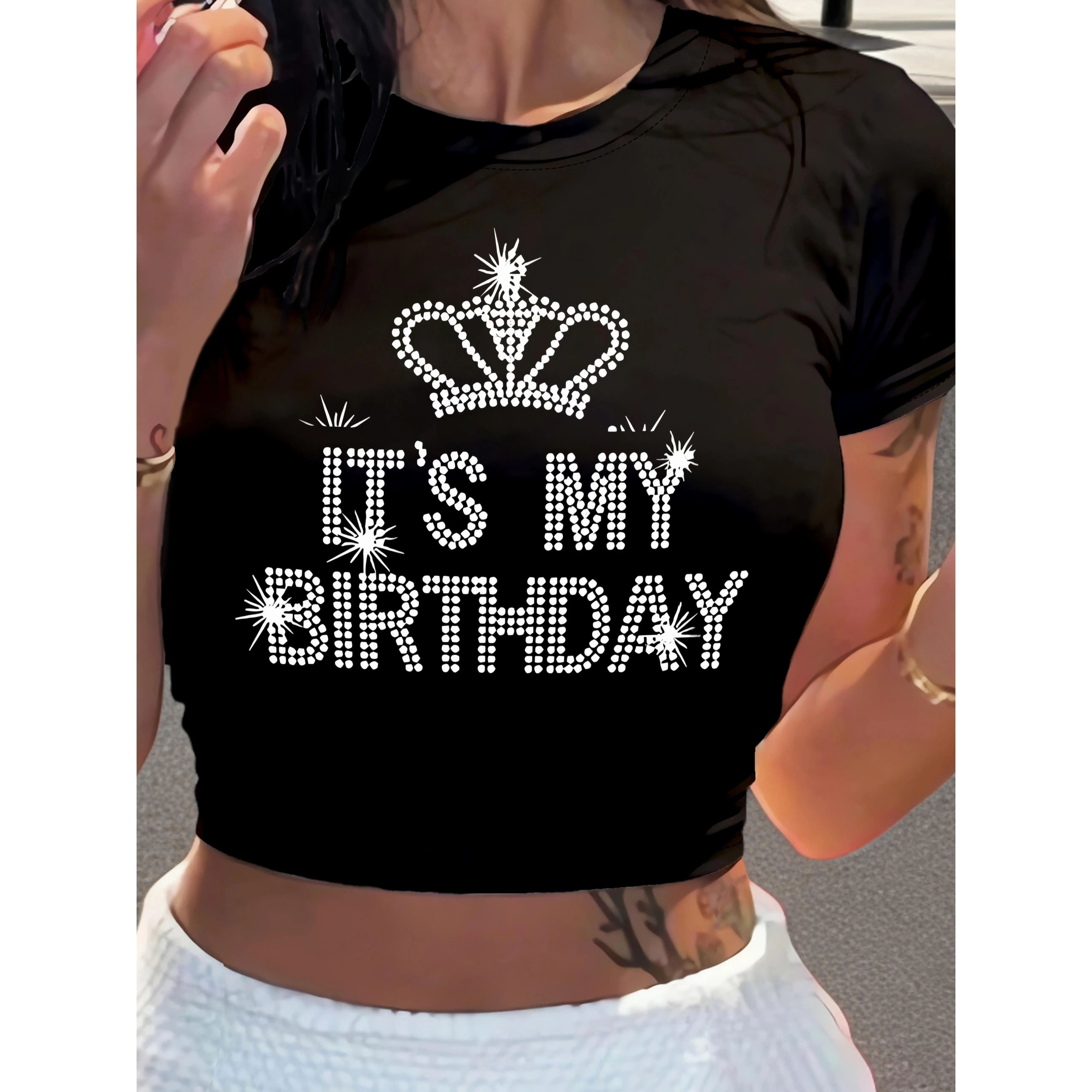 Women's "It's My Birthday" Heart Graphic Slim-Fit Crew Neck Tshirt - Casual Short-Sleeve Crop Top, Medium-Stretch Polyester, Birthday Vibe Tee, Machine Washable, Do Not Dry Clean