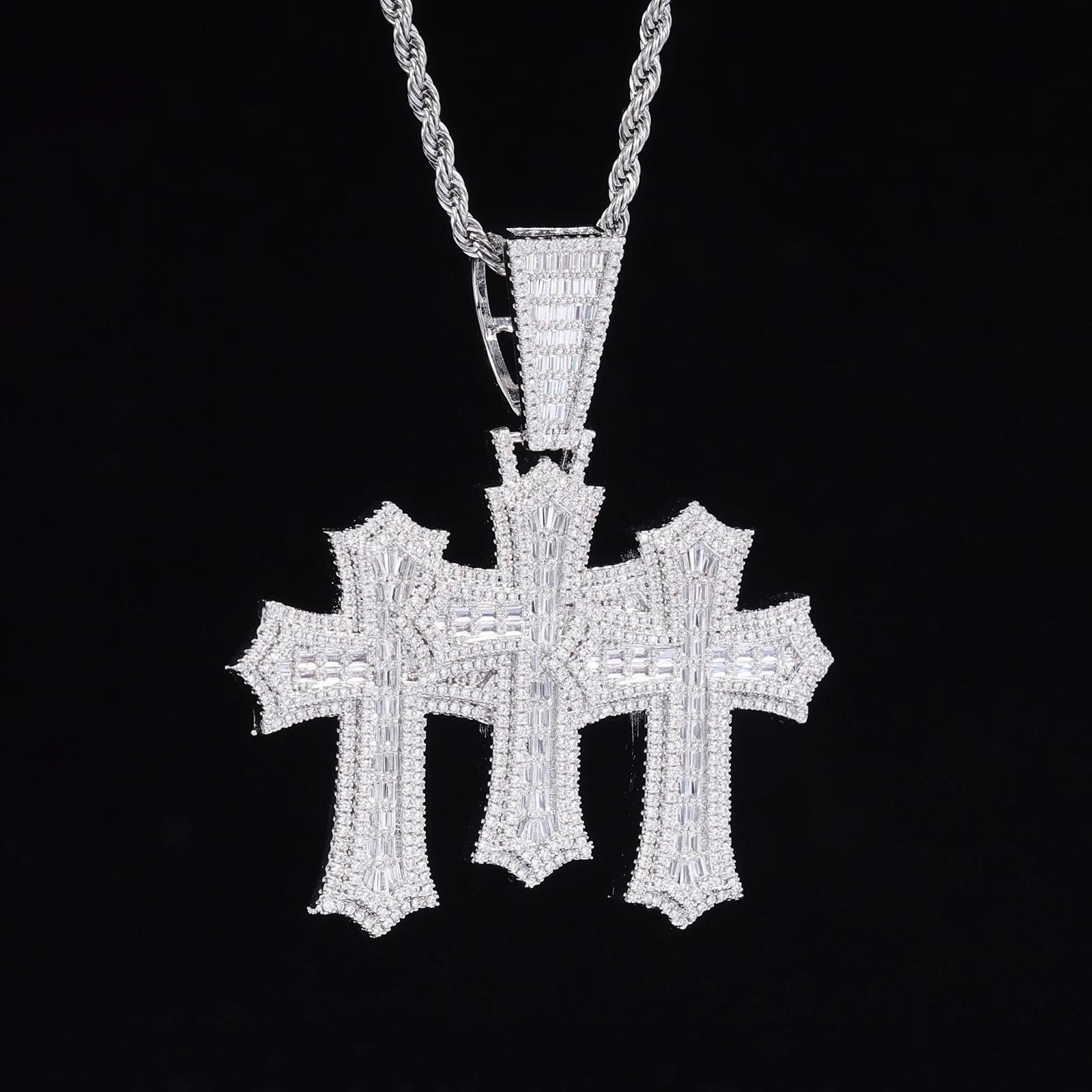 Iced Out New Fashion Baguette Triple Cross Clustered Pendant High Quality Triple Micro Pave Bling CZ Charm Pendant Necklace for Men