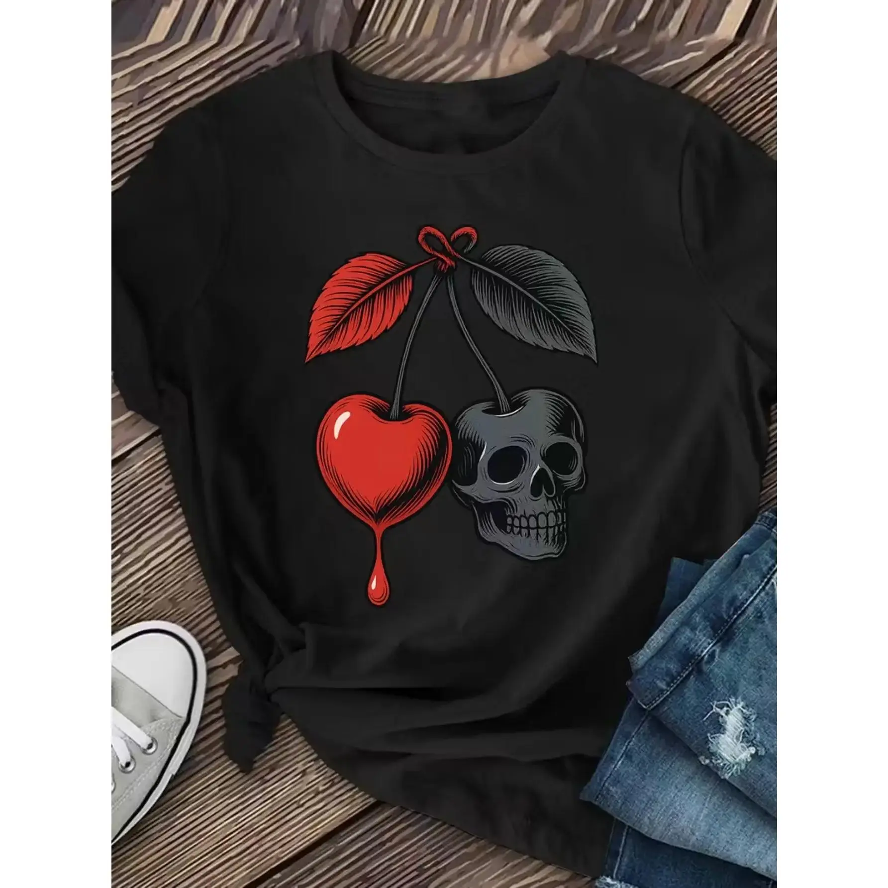 Women'S Gothic Cherry & Skull Graphic T-Shirt - Maroon & Black Contrast Short Sleeve Top with Red Fruit & Bone Design, Medium Stretch Round Neck Casual Tee for Spring Summer Fall, Machine Washable Regular Fit Gothic Everyday Shirt