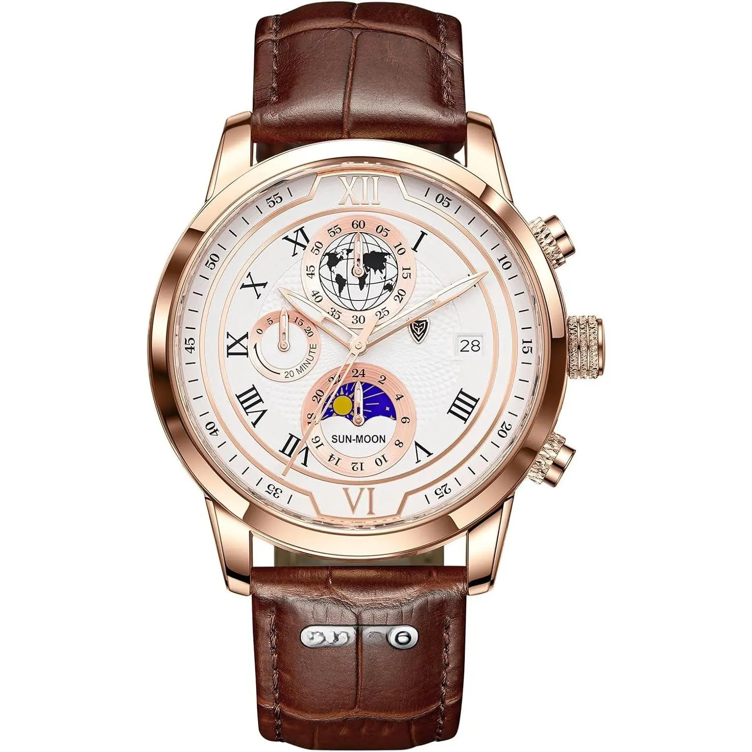 Analog Watch for Men 3ATM  Wrist Analog Dress  Chronograph Work Casual Leather  Quartz with Date Moon Phase Design Men's Wrist Watches -  As a