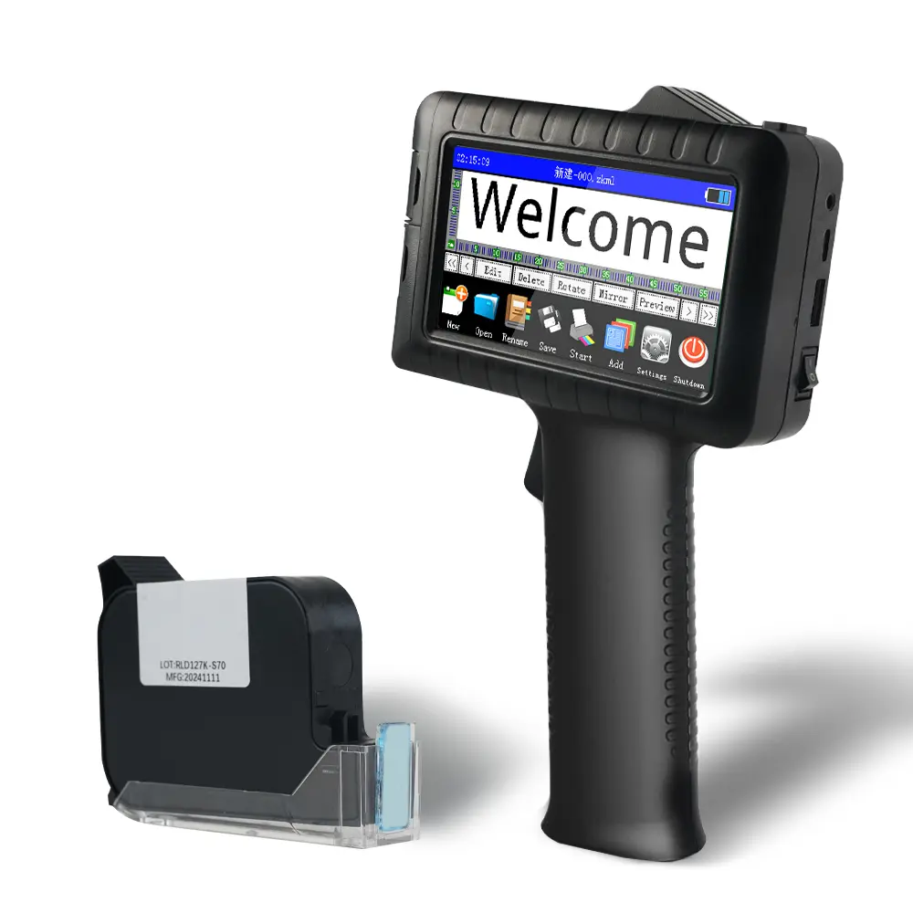 Compact Handheld Date Printer - Portable Printers for Small Business, 8h Printing, Barcode Text Printing on Metal/Plastic Packaging, Food Labels