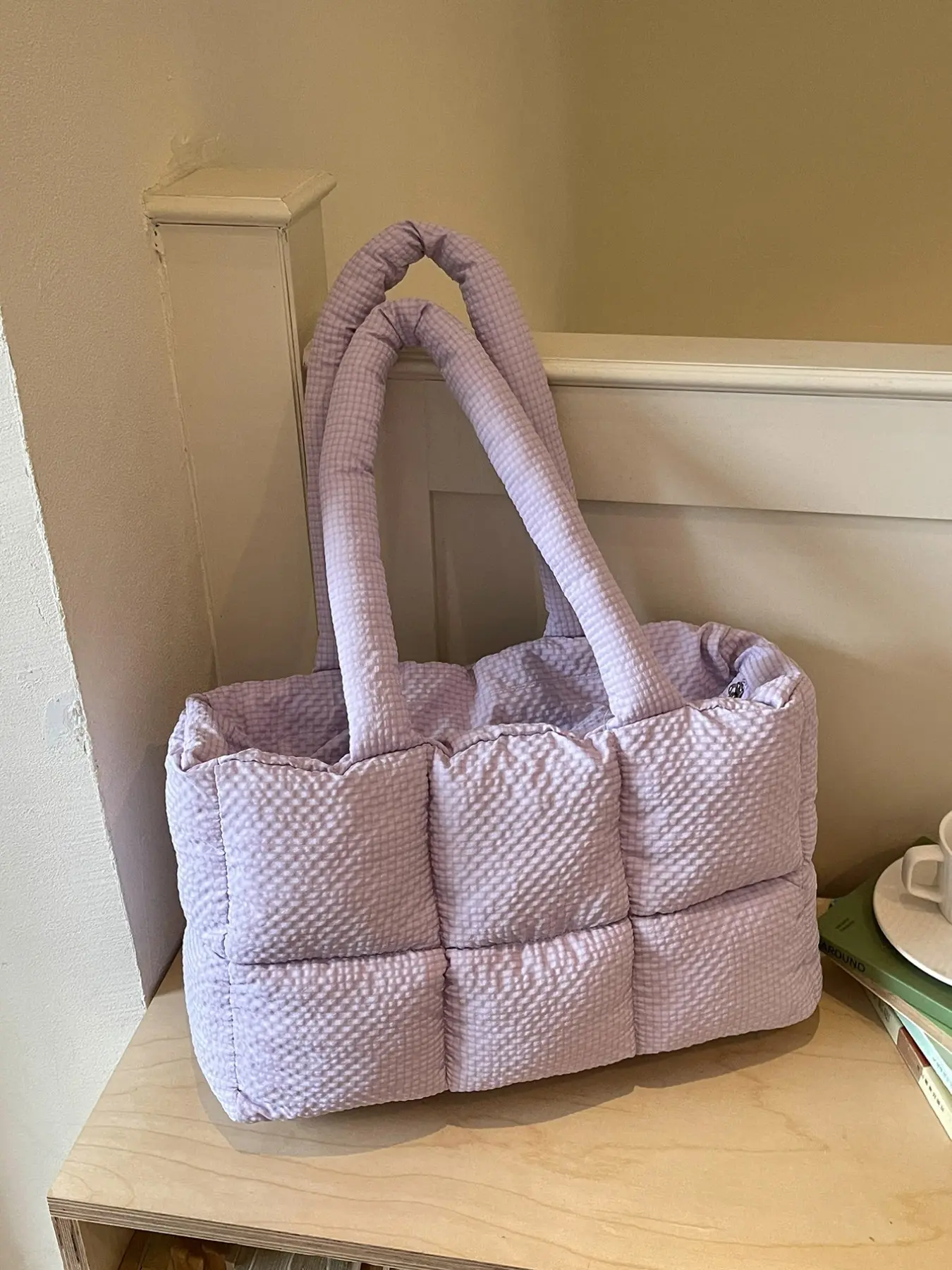 2026 New Waffle Tote Bag, Puff Cotton Handbag, Grid Down Cotton Shoulder Bag, Simple Solid Commute Bag, Daily Commuter Bag, Textured Cotton Bag, Large Capacity Work Bag, Gentle Style Women's Bag