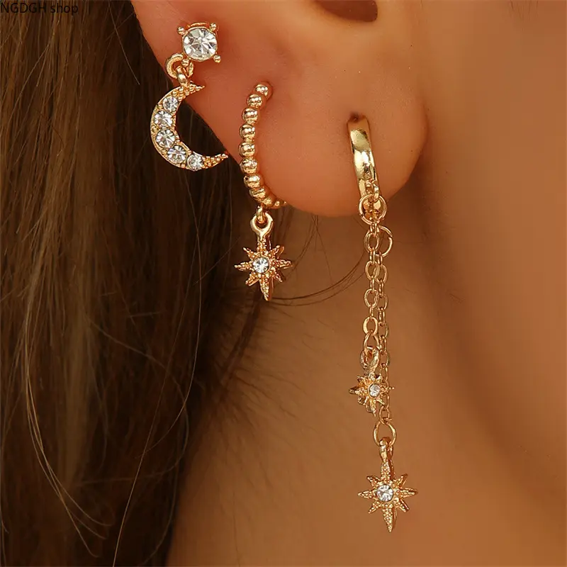 Women's Celestial Moon Star Dangle Hoop Earrings - Gold-Tone with Rhinestone Chain, Boho Trendy Party Festival Accessory, Accessories
