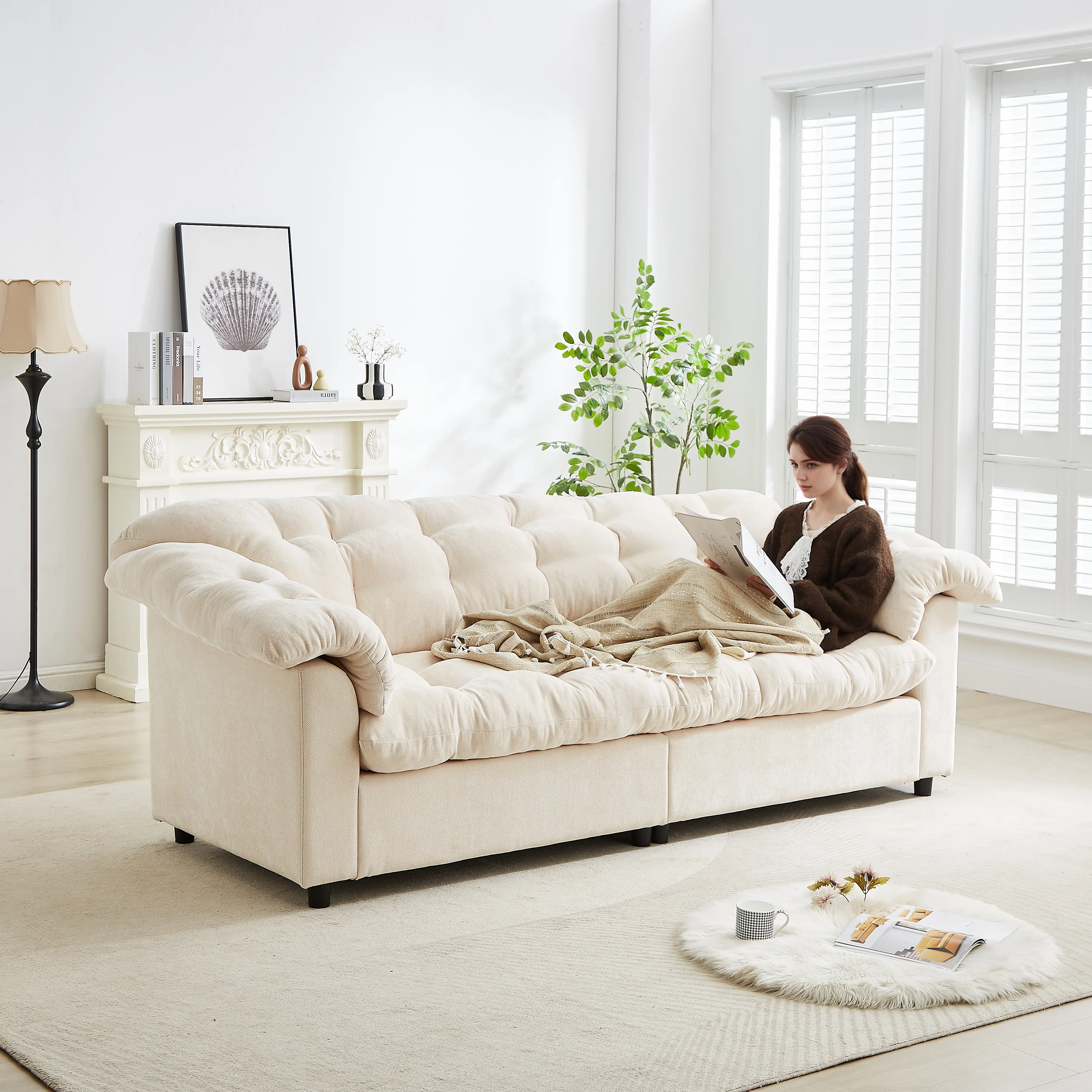 ARCH 94.8" Beige Chenille Cloud Sofa Modern Fluffy Upholstered Deep Seat Couch for Living Room Bedroom Apartment Office Comfy Cozy Soft Cloud Couch with Pillow Arms, Living Room Furniture for Apartment, Lounge, Family Room, Office and Home Seating