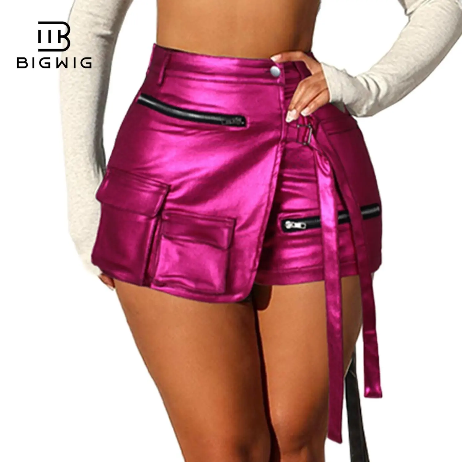Women's Fashion High-Waisted Metallic Shiny Faux Leather Cargo Skort - Slim Fit, Elastic Bottom, Pockets, Asymmetrical Style, Casual Sexy for Rave, Concert Clothing
