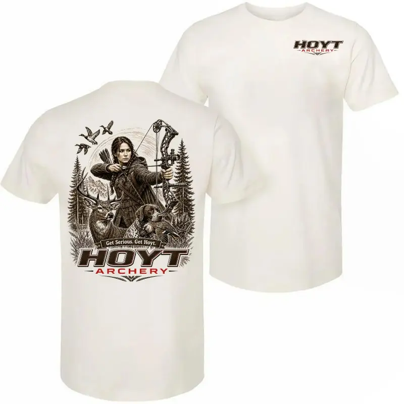 Graphic T-Shirt Hoyt Archery Female Bowhunter Tee, Deer Hunting Dog Compound Bow Front & Back Graphic Shirt, Vintage Outdoor Hunting T-Shirt, Unisex Cotton Short Sleeve Crewneck Tee for Men Women, Hunter Gift Apparel