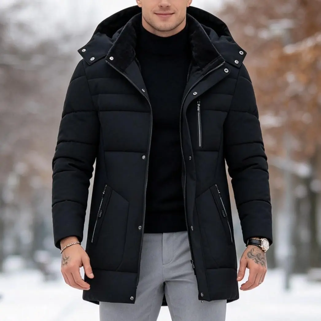 Men’s Mid-Length Windproof Hooded Quilted Cotton Padded Jackets - Long Sleeve Cold-Resistant Menswear Tops, Streetwear Outerwear for Understated Casual Fashion & Versatile Casual Bottom Pairing