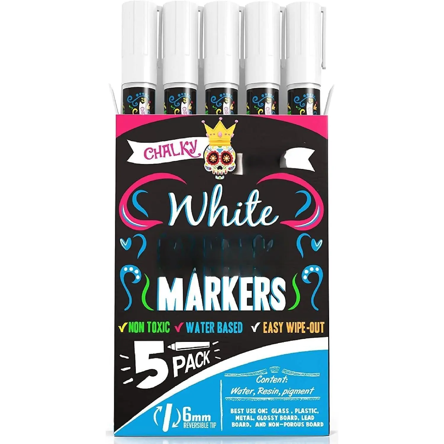 5-Pack Liquid Chalk Marker Pens with 6mm Reversible Tip, Dustless Ink Office Stationery for Chalkboards, Windows, Glass Writing & Correction Tools