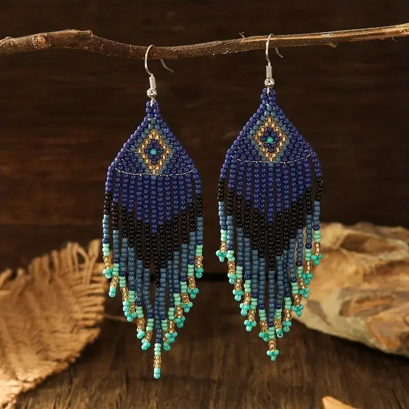 Handmade beaded earrings, bohemian style earrings, retro geometric black, brown, and blue color-blocked long tassel earrings, fashionable women's earrings, new spring/summer earrings, versatile styles suitable for everyday wear and vacations.