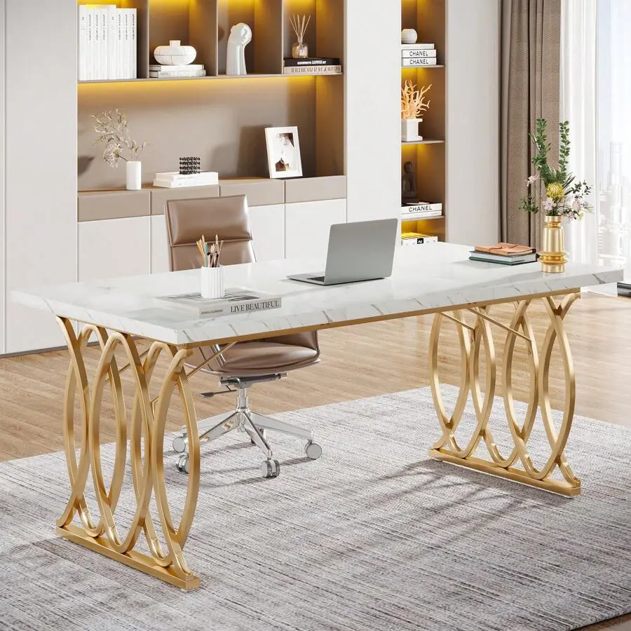 Executive Desk, 63" W Large Computer Desk, Modern Office Desk Conference Table Meeting Room Table, Business Furniture Home Office, White And Gold