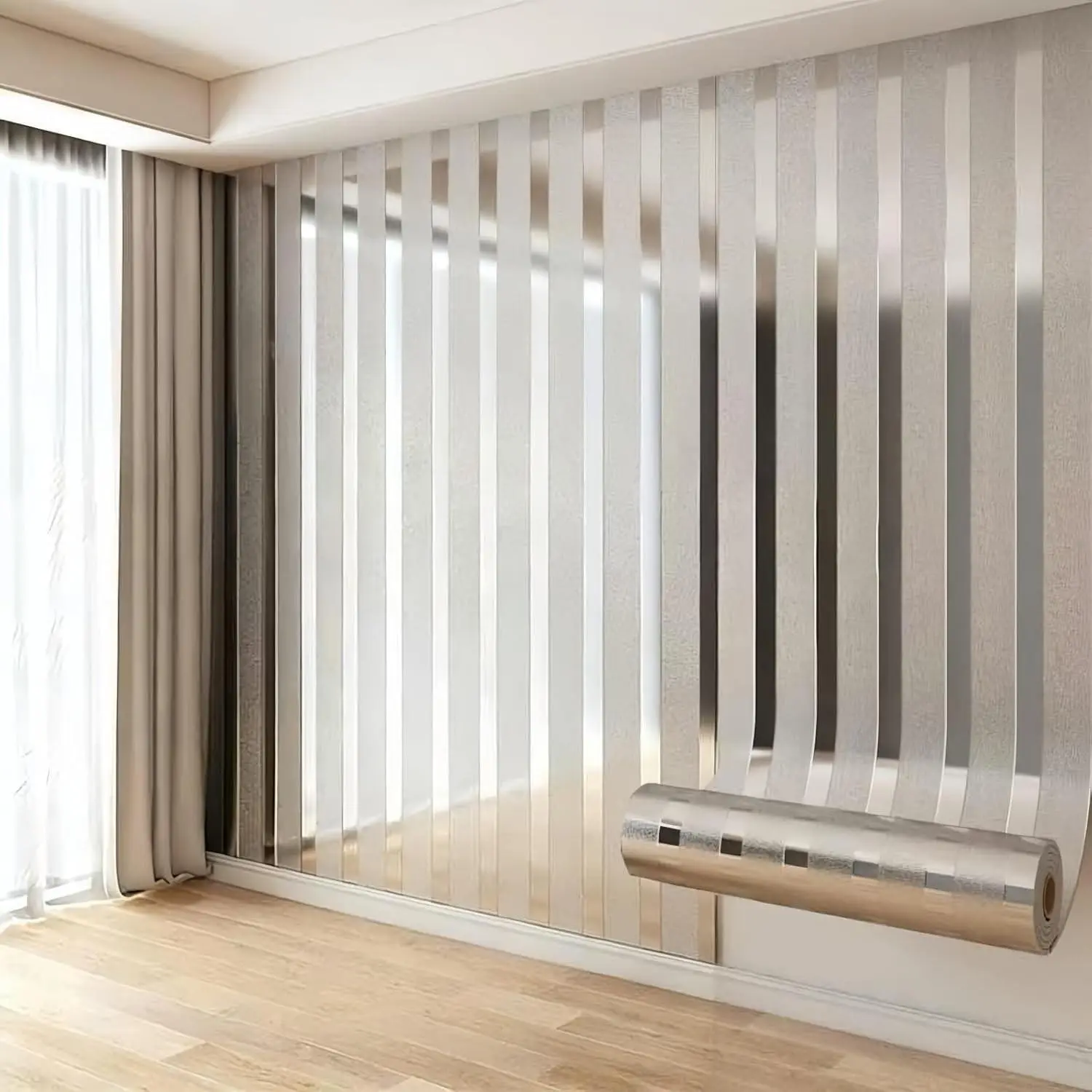 Self-adhesive mirror-effect wall paper - imitation metal grid stripe decorative stickers - metal film stickers 1 roll - 40×300 cm waterproof decorative film, wall renovation stickers for living room, bedroom, kitchen and bathroom