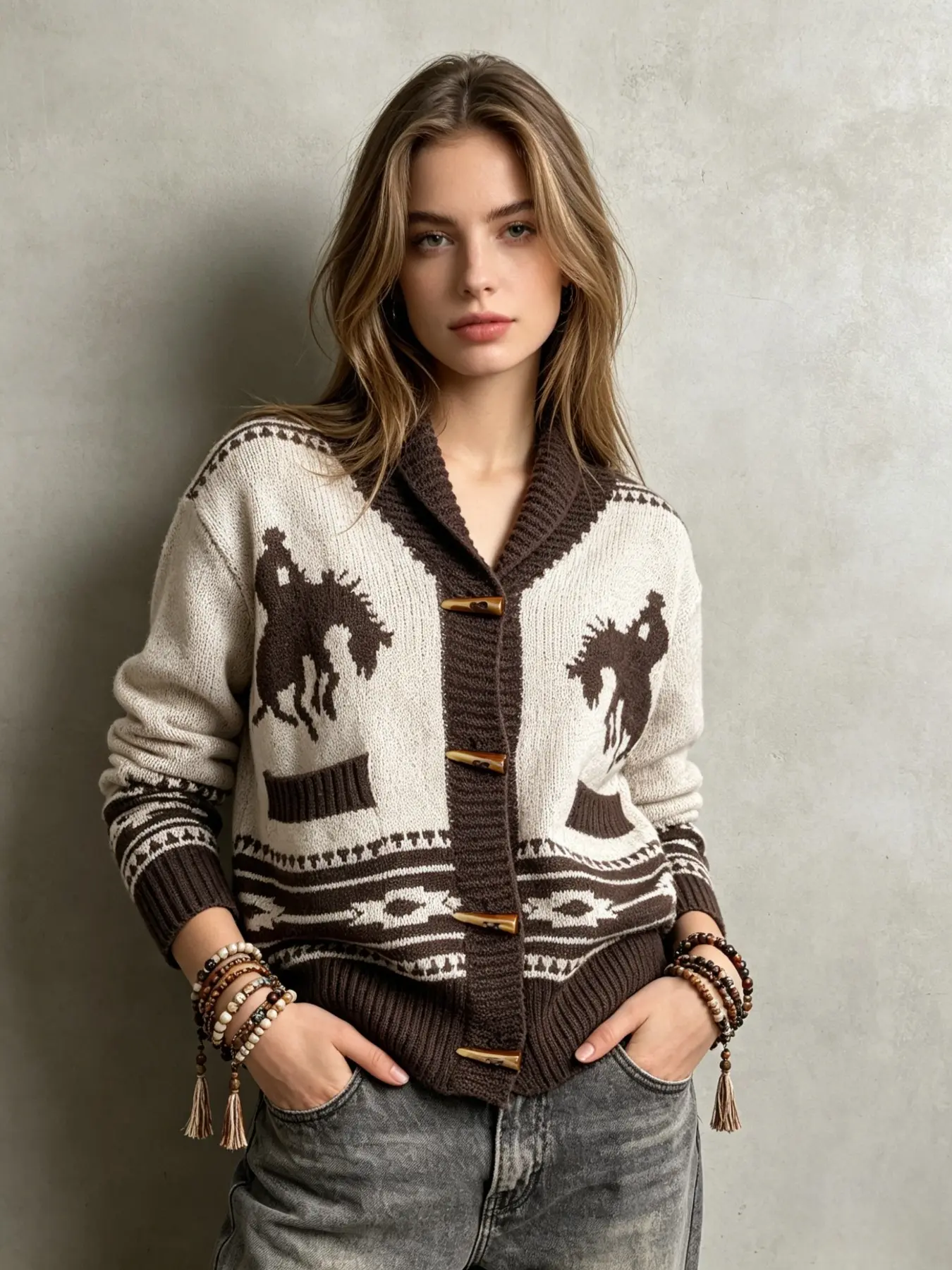Women's Fashion Boho Bohemian Ethnic Style Knit Sweater Coat, Loose-Fitting Warm Outerwear with Large Collar and Horn Buckle, Comfortable and Cozy