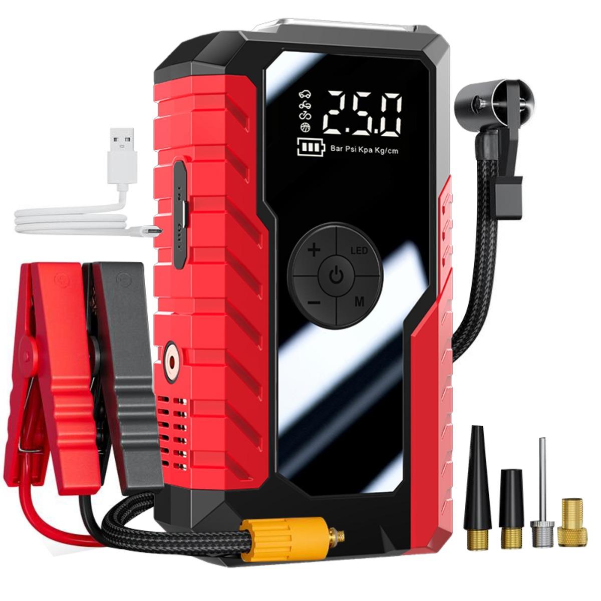 12V Portable Car Jump Starter with Tire Inflator, 2-in-1 Emergency Power Pack with Air Compressor, Power Bank & LED Light Kit Removal Set Tool