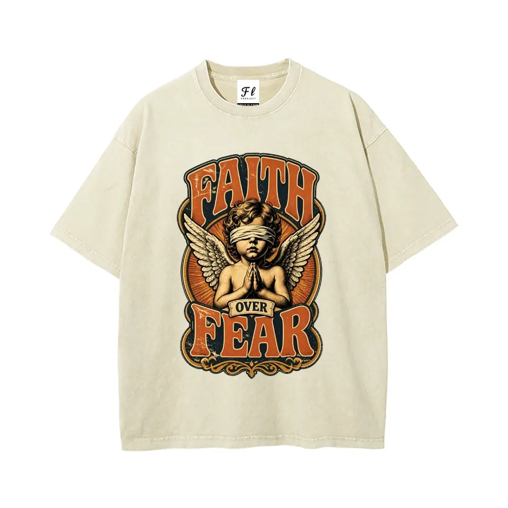 Acid Washed Oversized Y2K Vintage Angel Graphic T-Shirt, Blindfolded Praying Cherub Ornate Retro Bold Text Border Front Print Tee, Vintage Grunge Streetwear, 100% Cotton Unisex Short Sleeve Shirt