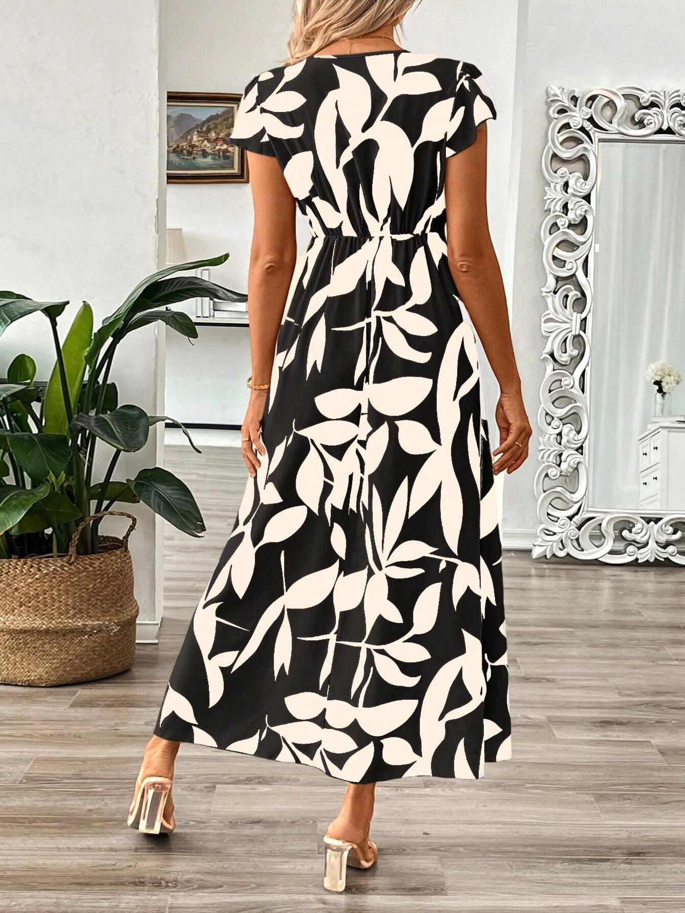 Women's Floral Print V Neck Dress, Boho Short Sleeve A-line Dress for Beach Holiday Vacation, Ladies Summer Clothes, Bohemian Boho Casual