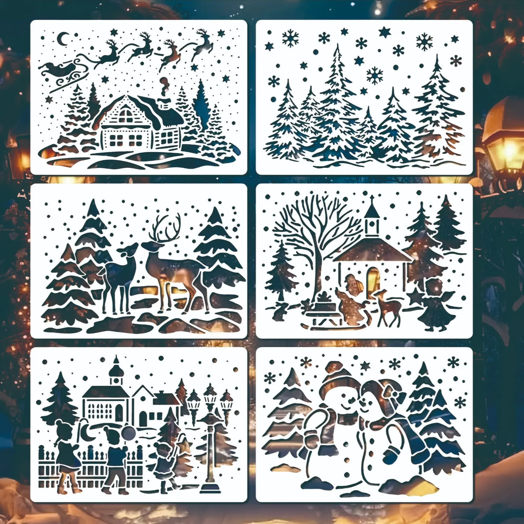6-Piece Reusable Christmas Templates, DIY Art Projects, 5x7 Inch Snow Scene Painting Stencils, Snowmen, Holiday Decor, Craft Supplies