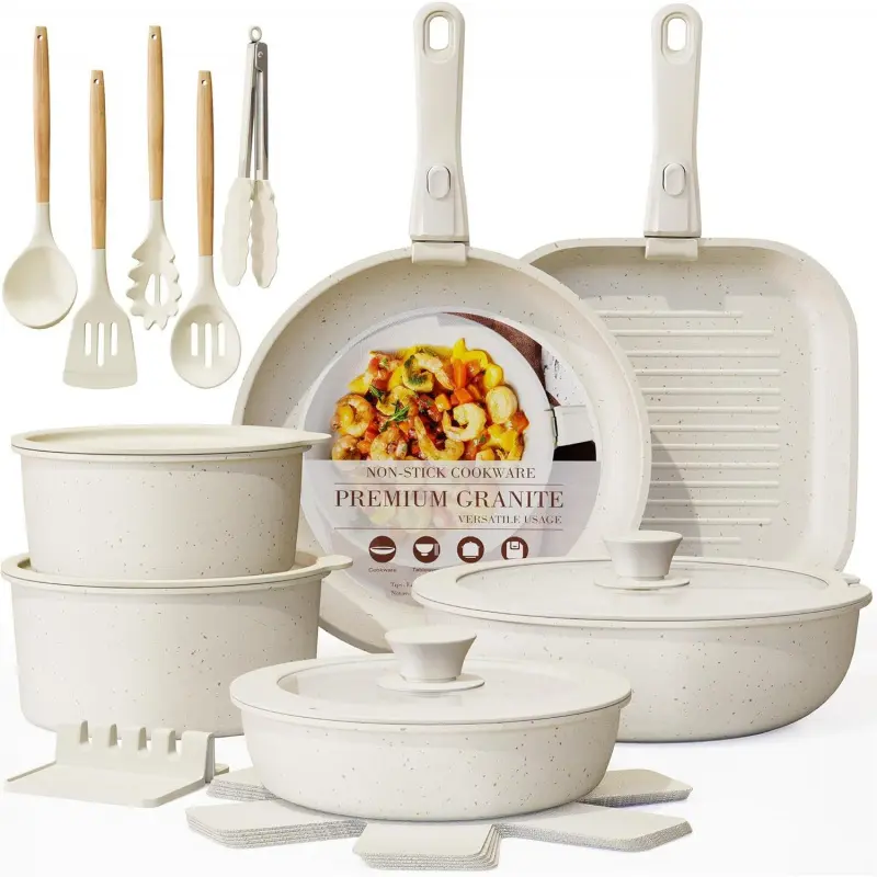 23pcs Sturdy Non-Stick Ceramic Granite Premium Cookware Set, Lightweight Aluminium Kitchen Supplies with Glass Lids, Stay-Cool Handles, Induction Compatible Pots and Pans for Healthy Cooking