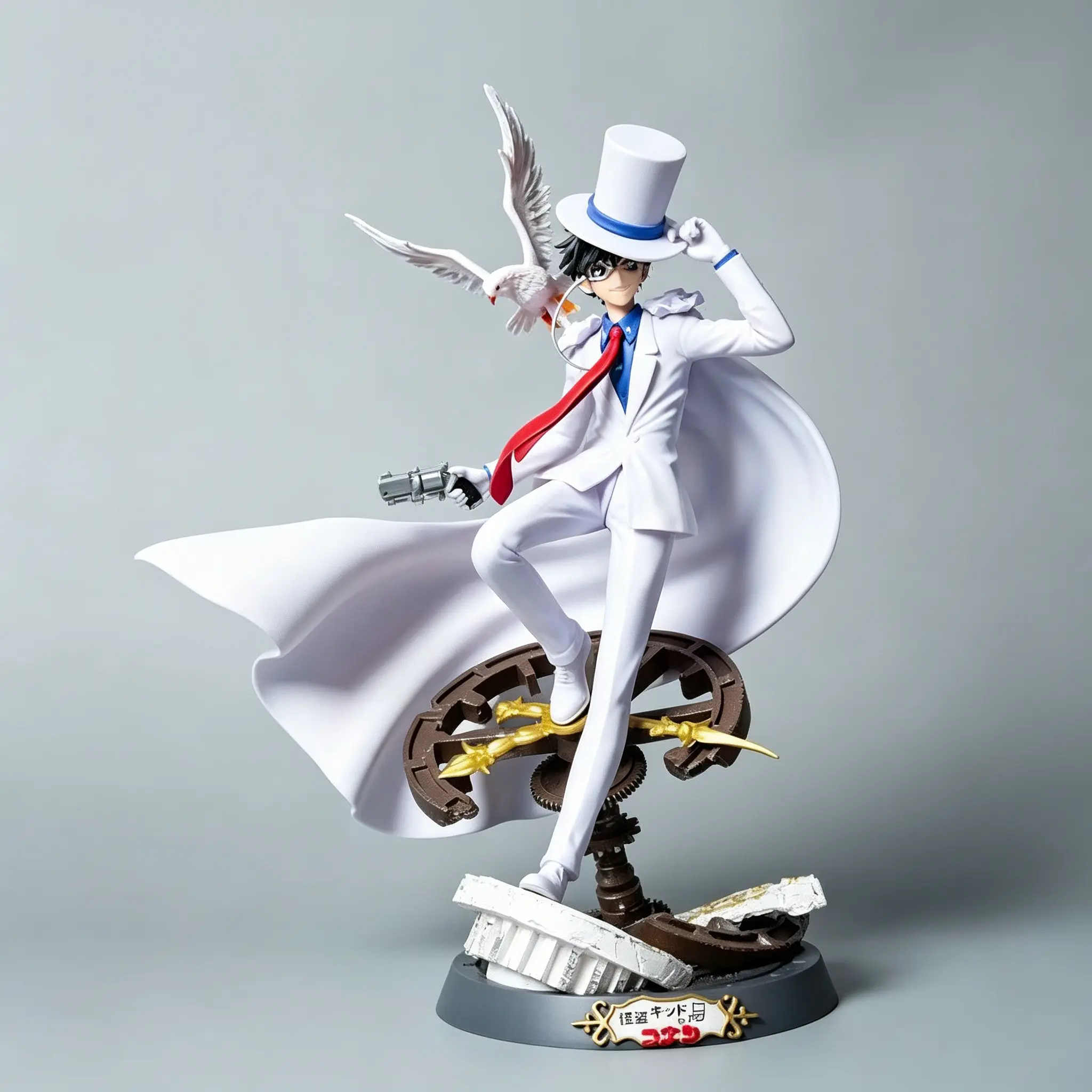 Detective Conan Kaito Kid Figure, Classic Suit, Replaceable Head, Hat, Dove, Gun, Card, Gear Clock Base, Dynamic Effect, Birthday Gift, PVC Action Figure