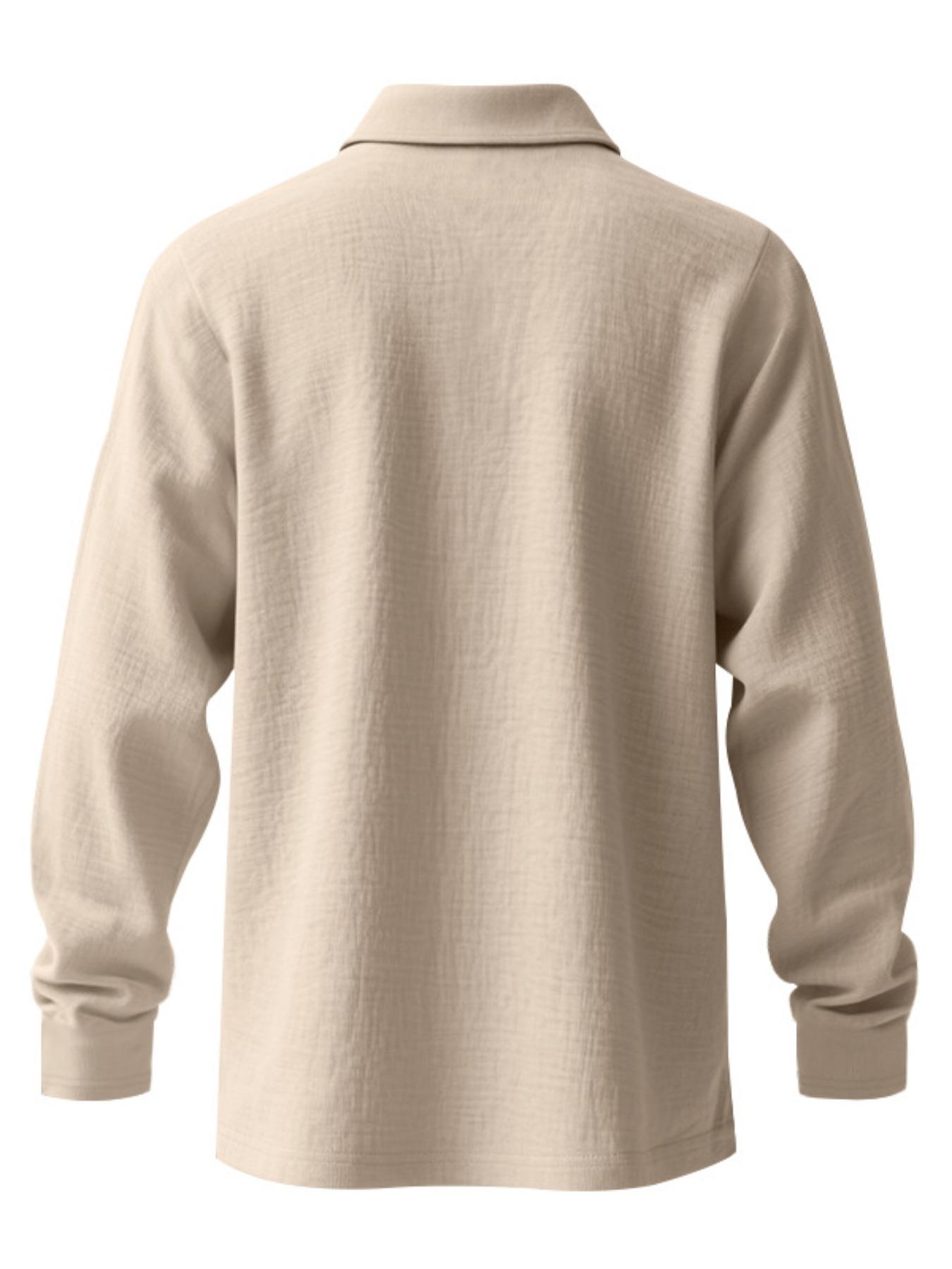 Men's Linen Long Sleeve Polo Shirt, Beach Vacation Style, Skin-Friendly Breathable Loose Fit, Casual Spring & Fall Wear, Menswear