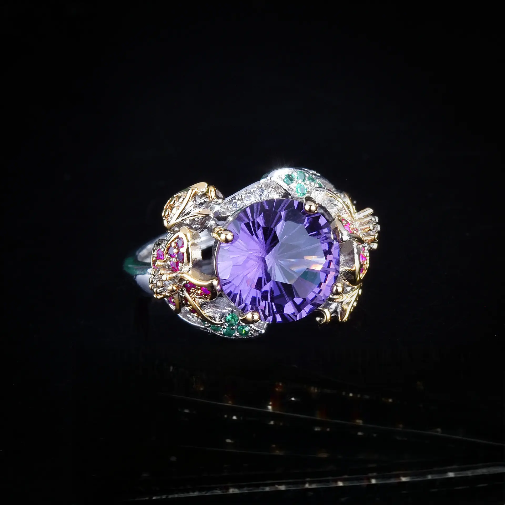 Loveden Two-Tone Gold Silver Handmade Firework Cut Purple Cubic Zirconia Ring for Women, Colorful Floral Butterfly Inlaid Statement Gemstone Ring, Vintage Luxury Open Shank Cocktail Jewelry, Ideal Birthday Wedding Party Gift For Her