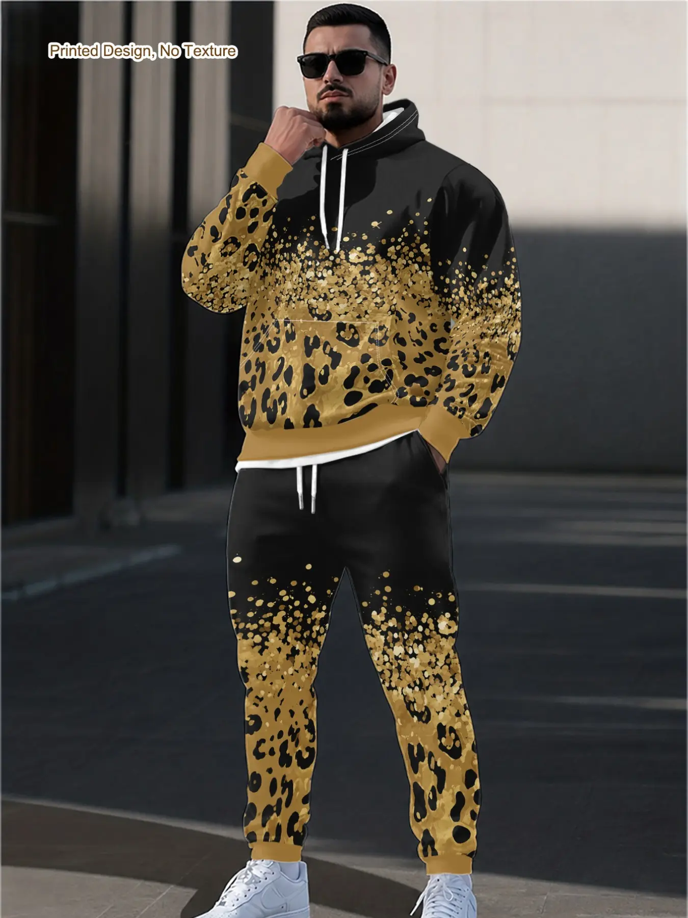 Leopard Print Gradient Hooded Sweatshirt Set, Fall Winter Fashion Casual Two-Piece, Trendy Men's Sportswear