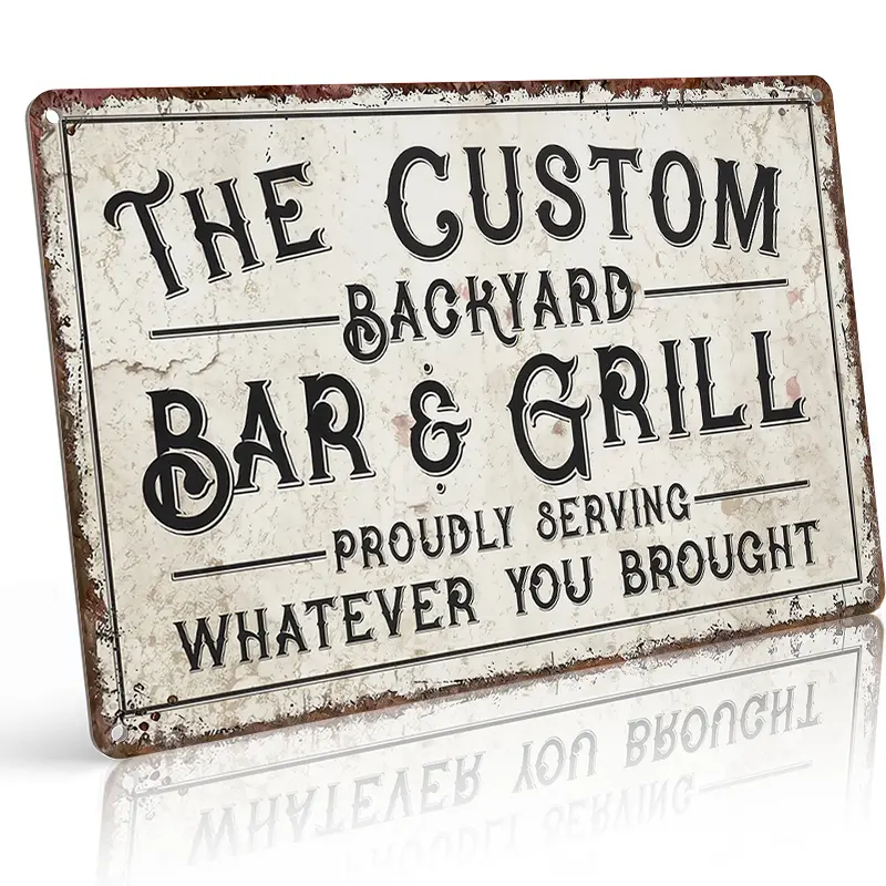 Custom Name Personalized The Backyard Bar & Grill Metal Sign, 8×12 Inch Aluminum Distressed Vintage Style, Waterproof & Rust-Free Patio BBQ Gift, bedroom decor, room decorations, wall decor, house decor, wall art, vintage home decor, porch decor,