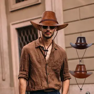 Men's Wide Brim PU Leather Western Cowboy Hat Riding Sun Protect Cap for Travel Outdoor