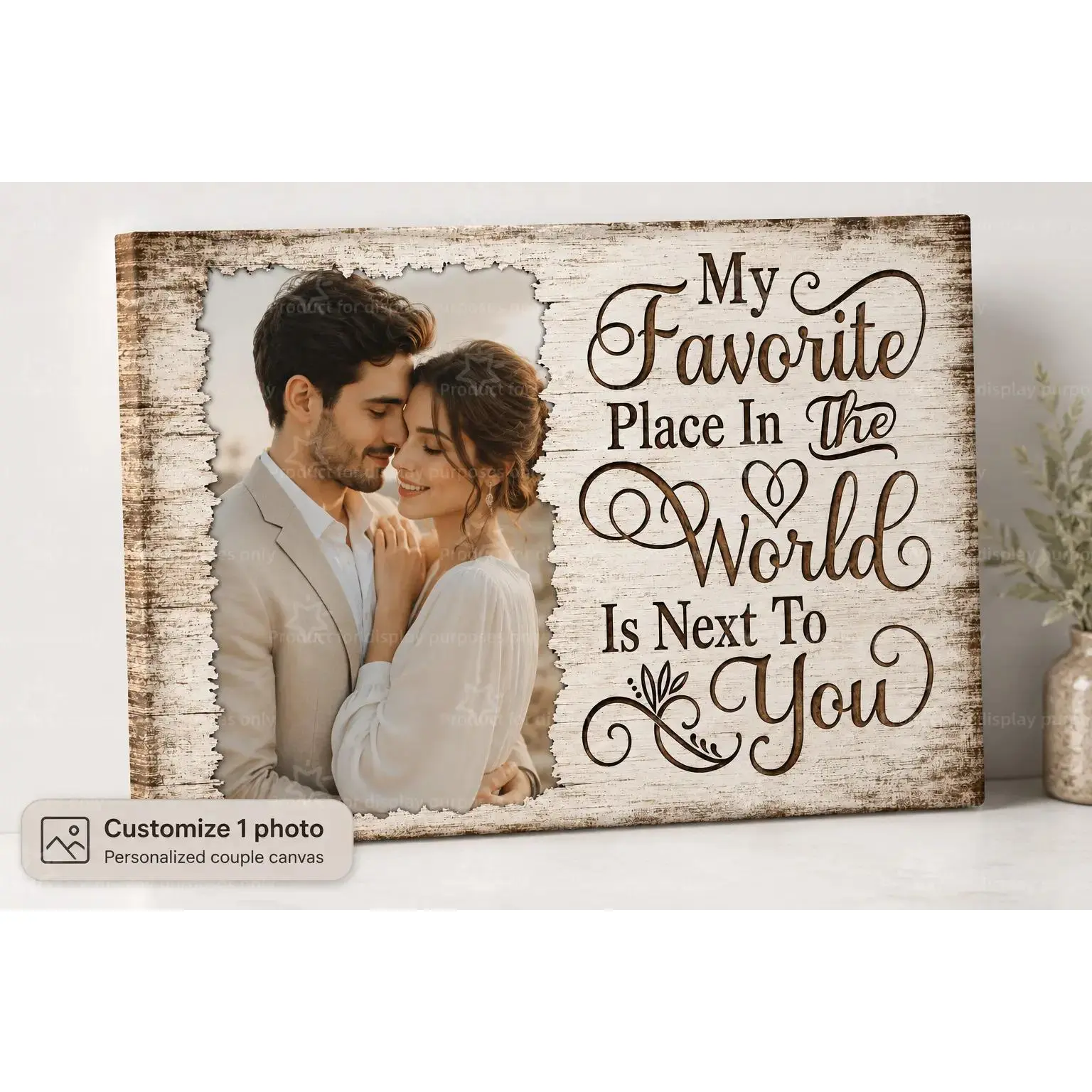 Custom 1 Photo Romantic Canvas Wall Art, Personalized Couple Memory Poster Print, Rustic Love Quote Bedroom Living Room Decor, Anniversary Gift, Decorative Poster, Unframed Canvas Poster or Framed Canvas Wrap