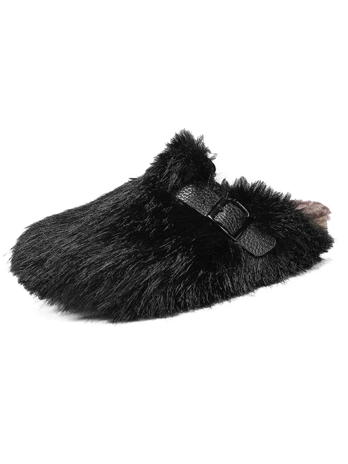 Adjustable Vintage Metal Buckle Slip-On Mules, Faux Fur Wide Fit, Fall Winter Warmth, Unisex Couples' Shoes, Durable PVC Sole
