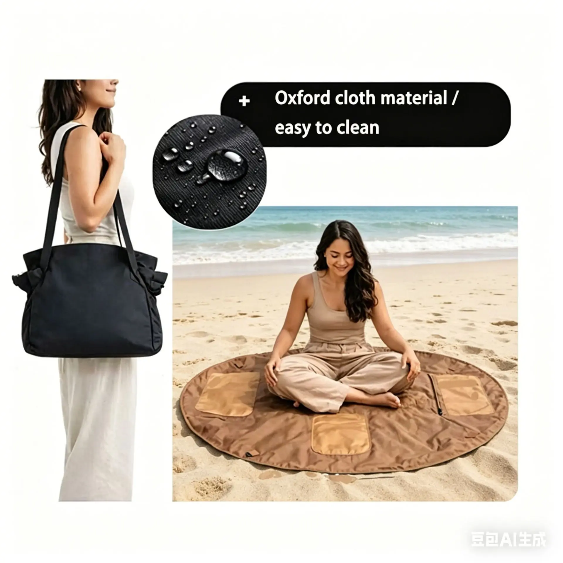 Unisex 2-in-1 Foldable Polyester Picnic Mat Bag - Compact Folding Round Outdoor Blanket with Storage Pockets, Shoulder Strap, Waterproof Travel Tote for Picnicking, Camping