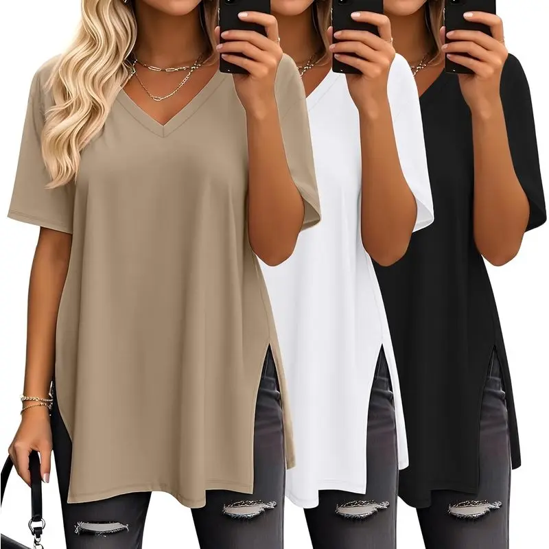 Women's 3-Pack Oversized V-Neck Shortsleeve Tunic Shirts, Loose Longline Tunic Tops with Side Slits, Soft Women's Clothes for Leggings, Workout, Summer
