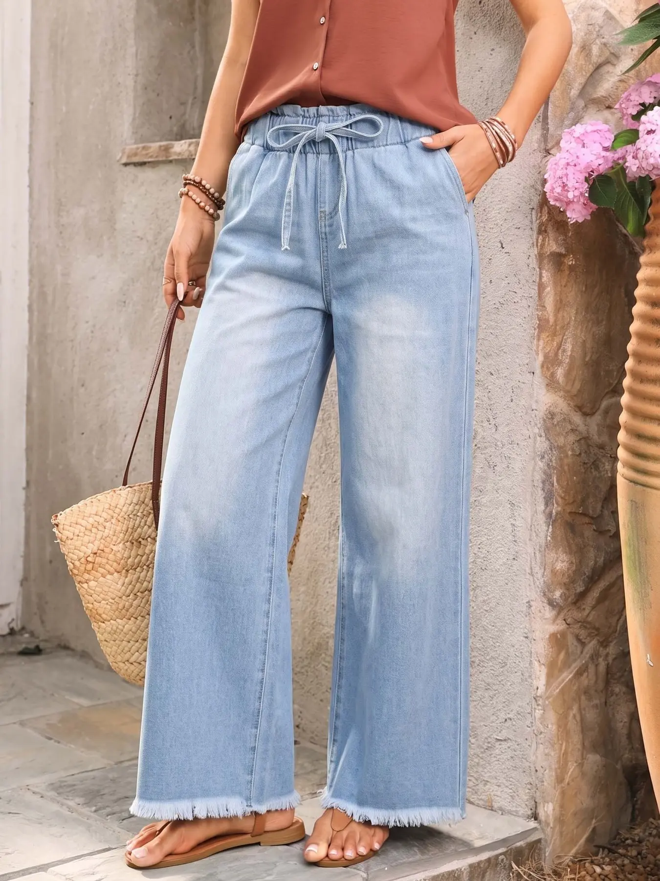 Vintage Light Wash Adjustable Drawstring Elastic Waist Wide Leg Frayed Edge Loose Fit Women's Casual Jeans, Comfortable All-Season Long Pants, Bottoms