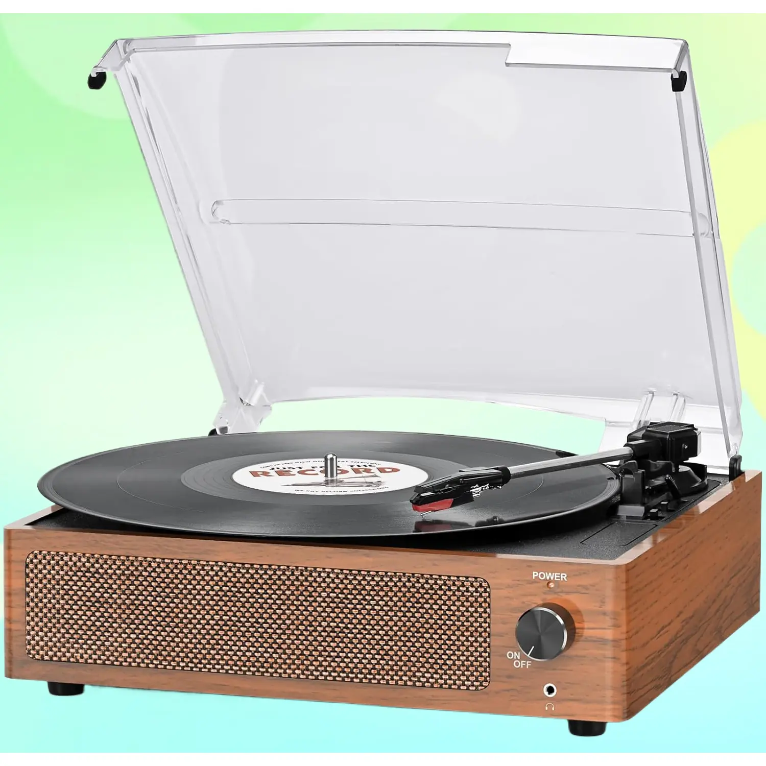 Vintage Brown Belt-Driven 3-Speed Bluetooth Turntable with Built-In Speakers, Headphone/AUX/RCA Output Support for Vinyl Music Playback