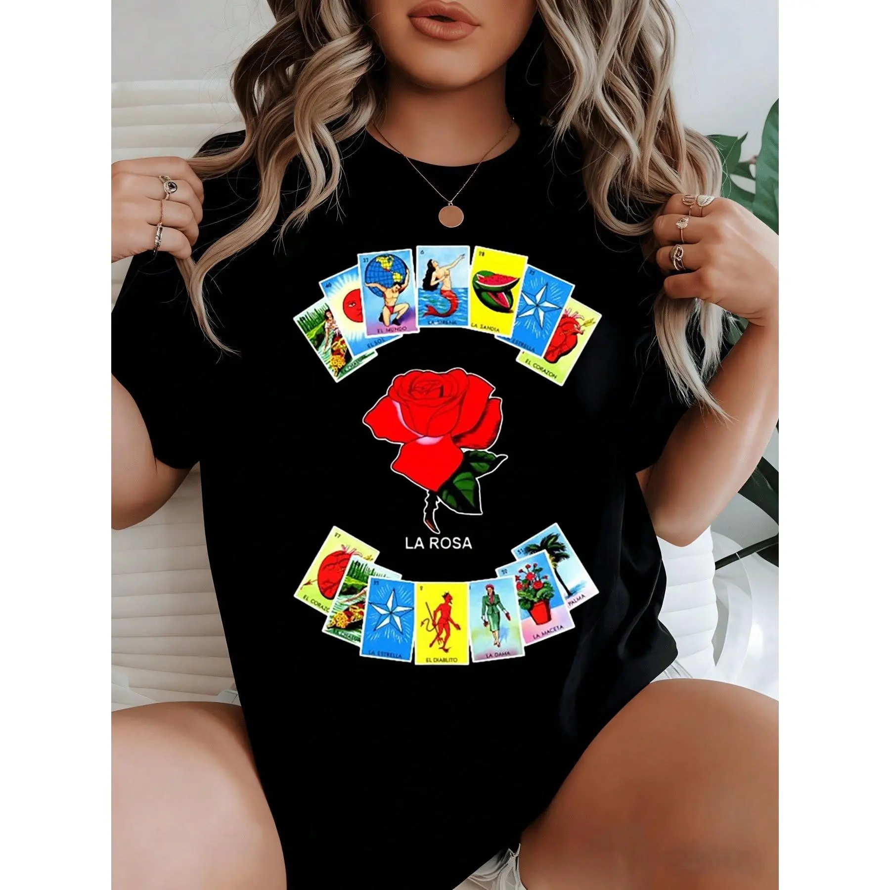 Vivid Loteria Inspired Artwork Featuring A Bold Central Red Rose Surrounded By Colorful Symbolic Cards Representing Love Nature Adventure And Hope Women's Casual 100% Cotton Tshirt charleston kemp
