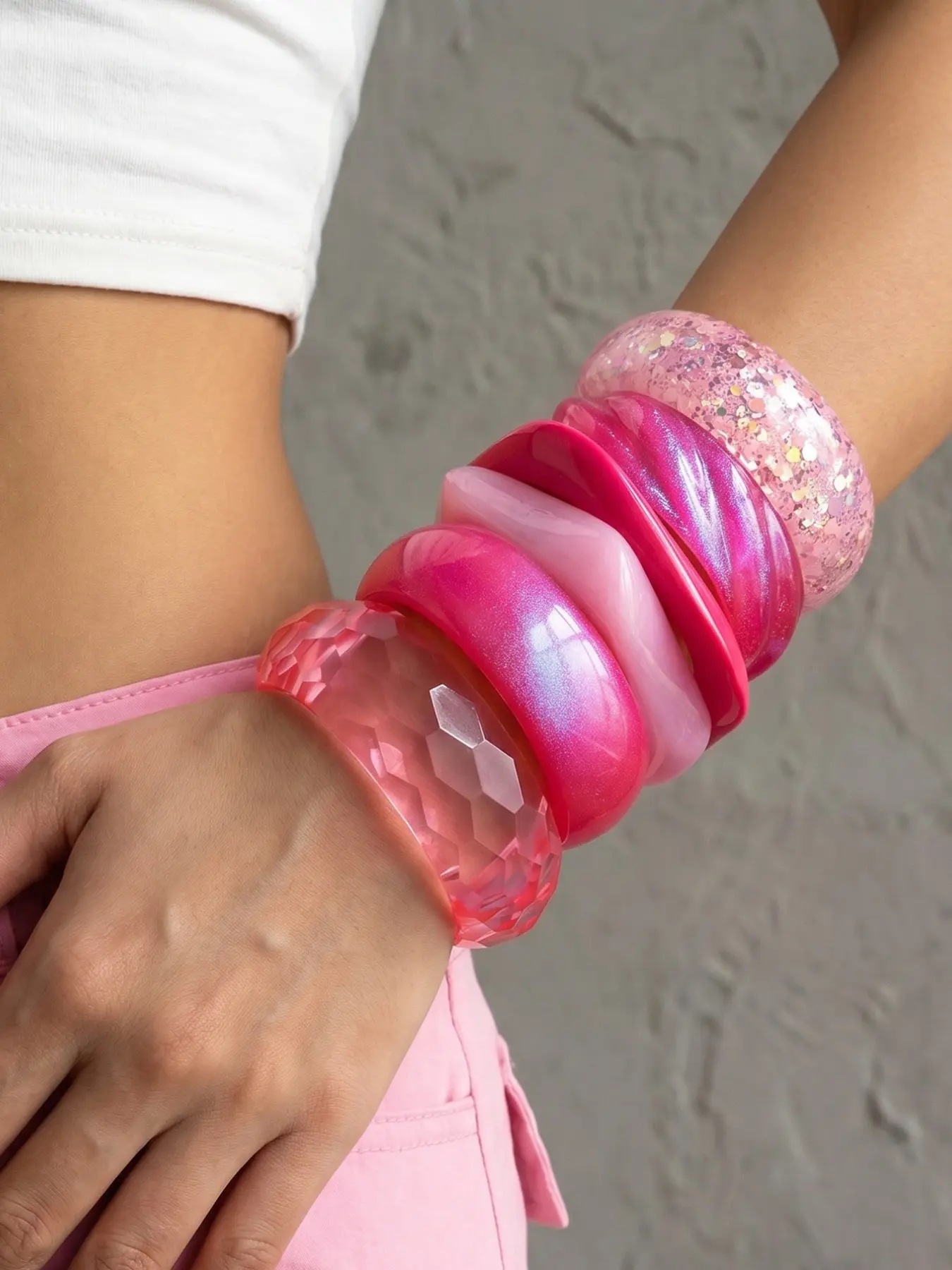 6-Piece Gradient Resin Stackable Bracelets, Summer Vibes, Perfect for Crop Top, Trendy Layered Jewelry Set, Bracelet Sets