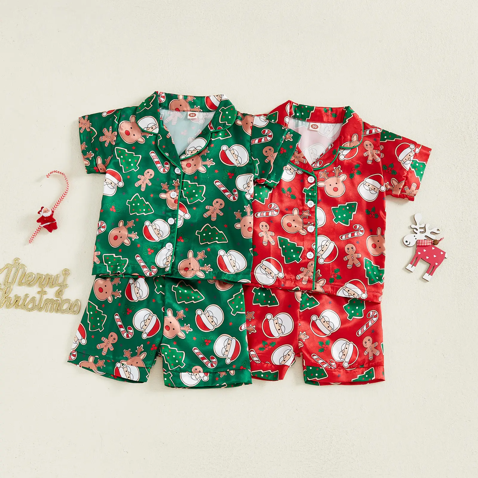 Toddler Baby Little Baby Girl Boy Christmas Pajamas Short Sleeve Gingerbread Man Print Button T Shirt + Shorts Set Loungewear 1-6 Years