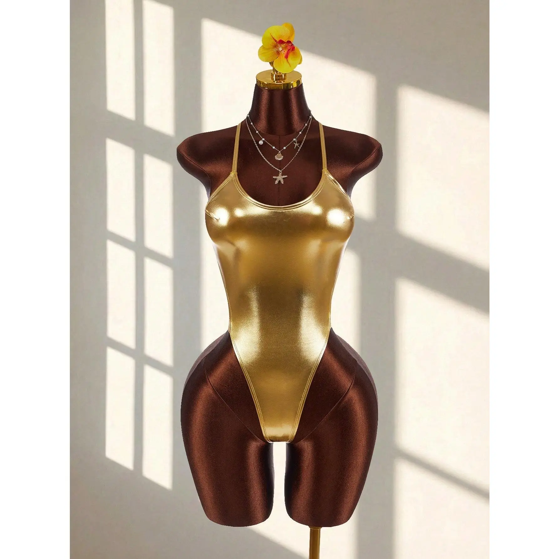 1pc Women's Backless One-Piece Swimsuit With Metallic Details,Criss-Cross Straps,Brown,Summer,70s Retro,Night,Party Beach Outfits,Y2k Sequin