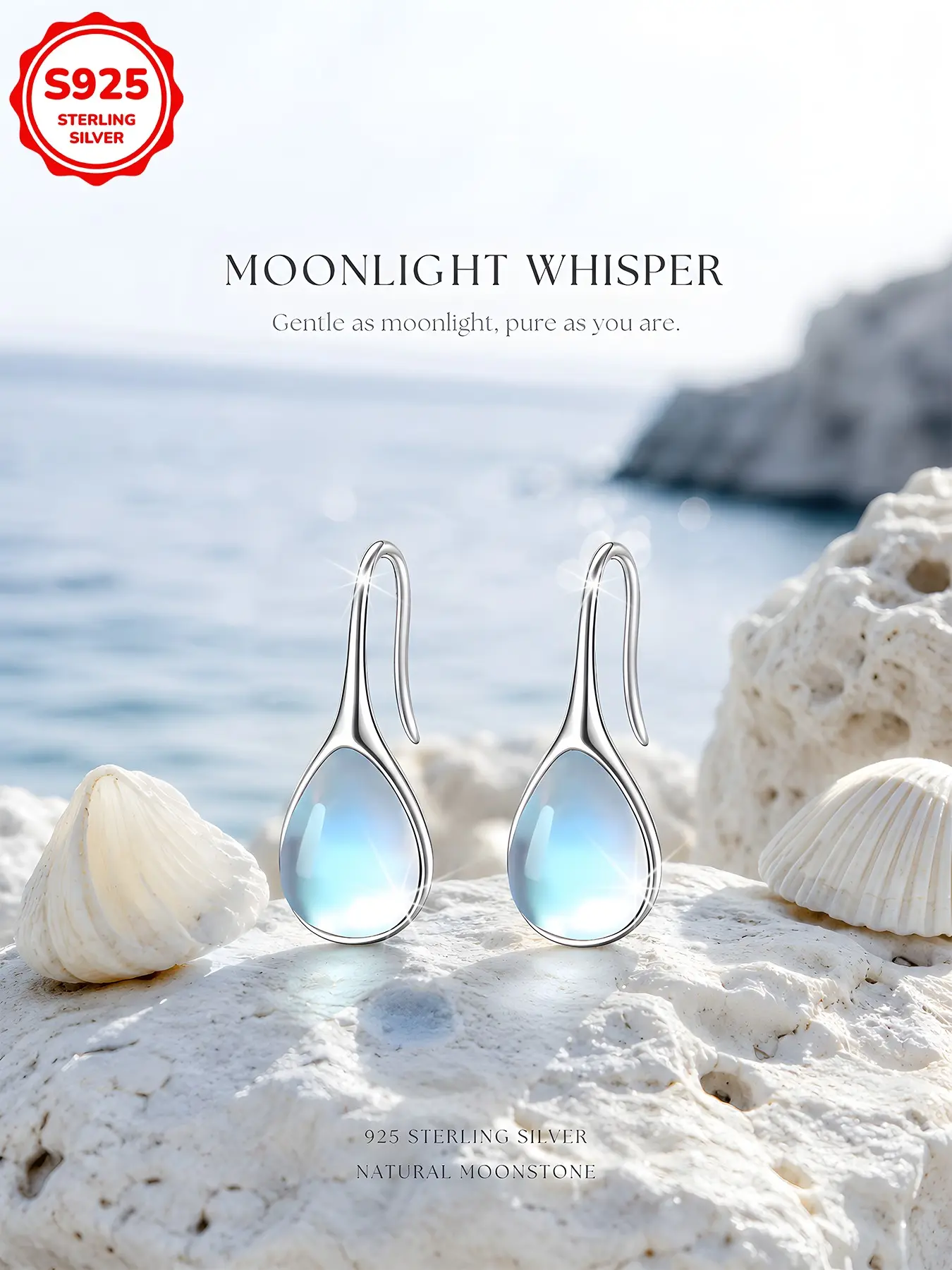 Women's Fashion S925 Sterling Silver Dangle Earrings, Dangling Earrings, Elegant Moonstone Drop Earrings, Hypoallergenic Daily Wear Jewelry Gift, Water Drop Earrings